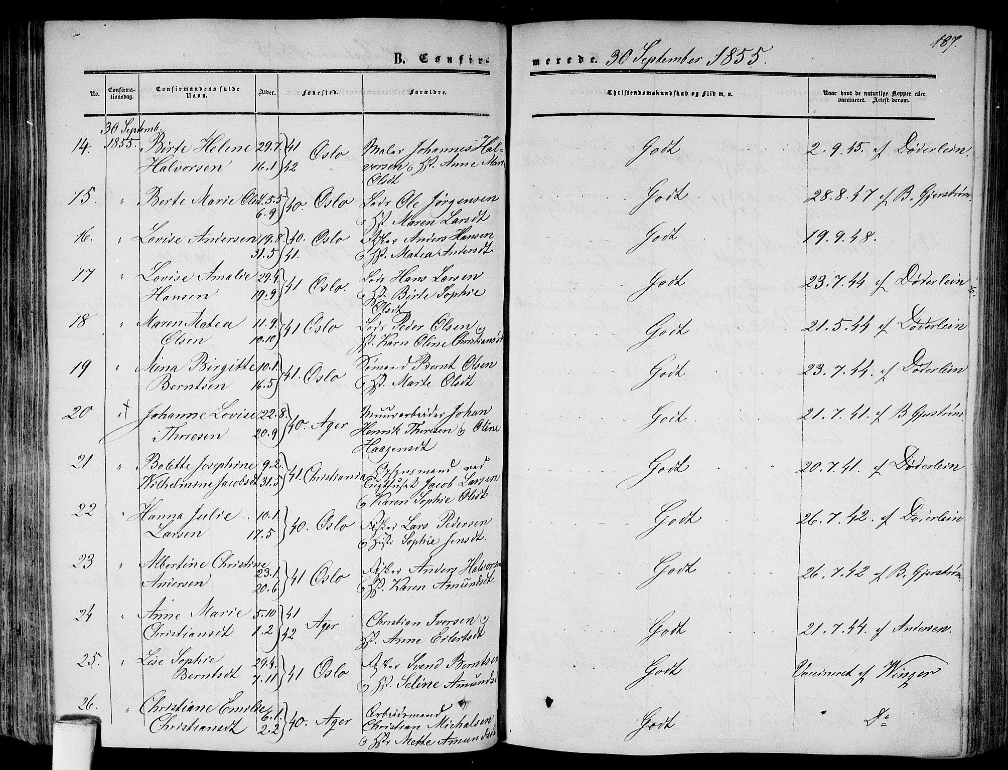 Gamlebyen prestekontor Kirkebøker, AV/SAO-A-10884/F/Fa/L0004: Parish register (official) no. 4, 1850-1857, p. 187