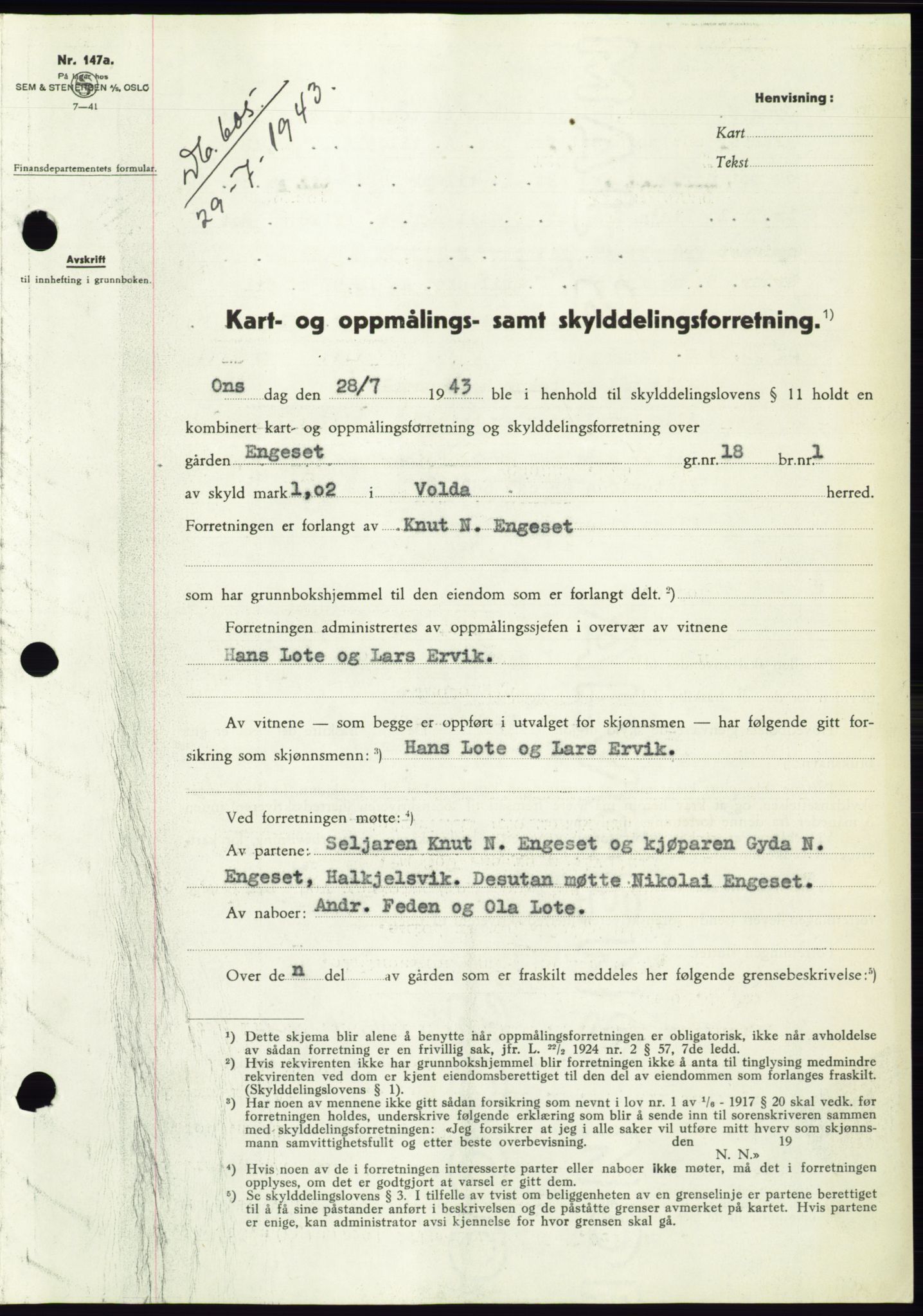 Søre Sunnmøre sorenskriveri, AV/SAT-A-4122/1/2/2C/L0075: Mortgage book no. 1A, 1943-1943, Diary no: : 605/1943