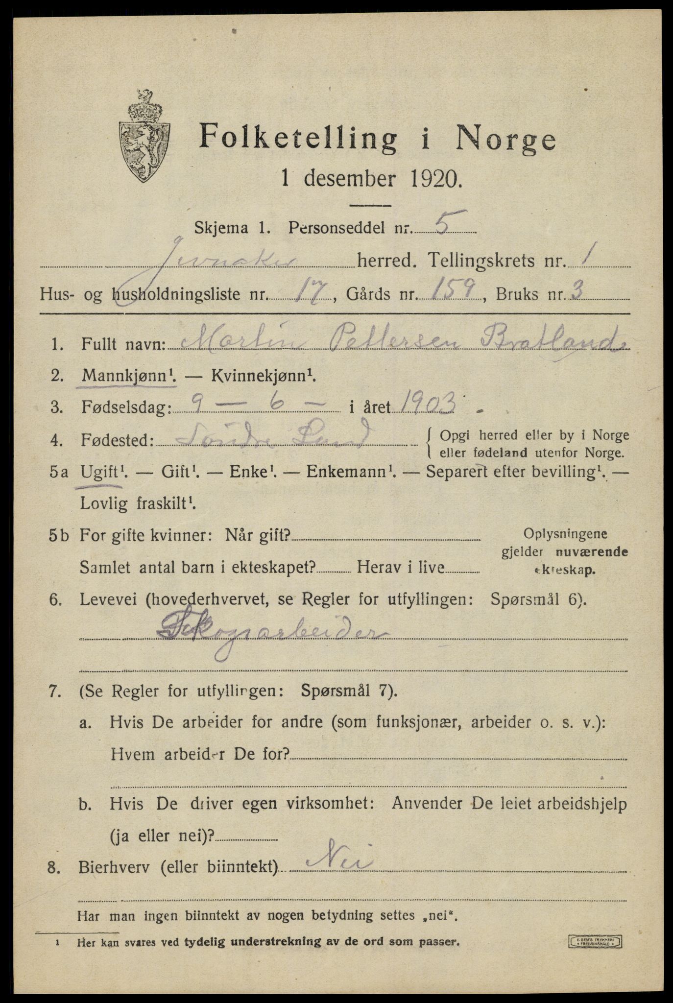 SAH, 1920 census for Jevnaker, 1920, p. 1399