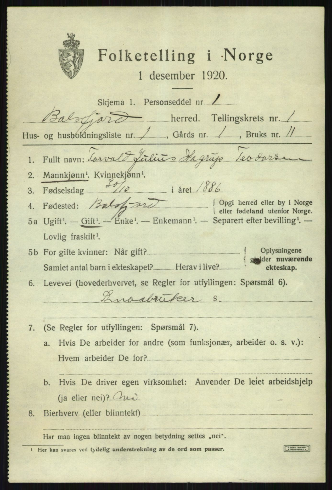 SATØ, 1920 census for Balsfjord, 1920, p. 1198