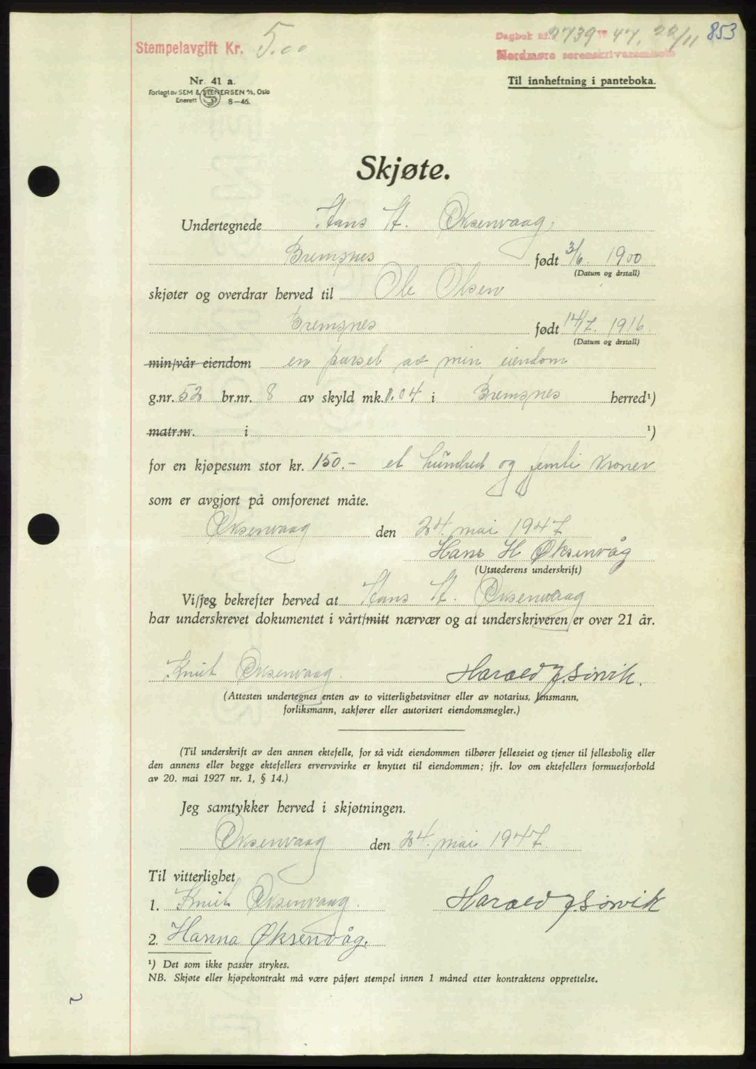 Nordmøre sorenskriveri, AV/SAT-A-4132/1/2/2Ca: Mortgage book no. A106, 1947-1947, Diary no: : 2739/1947