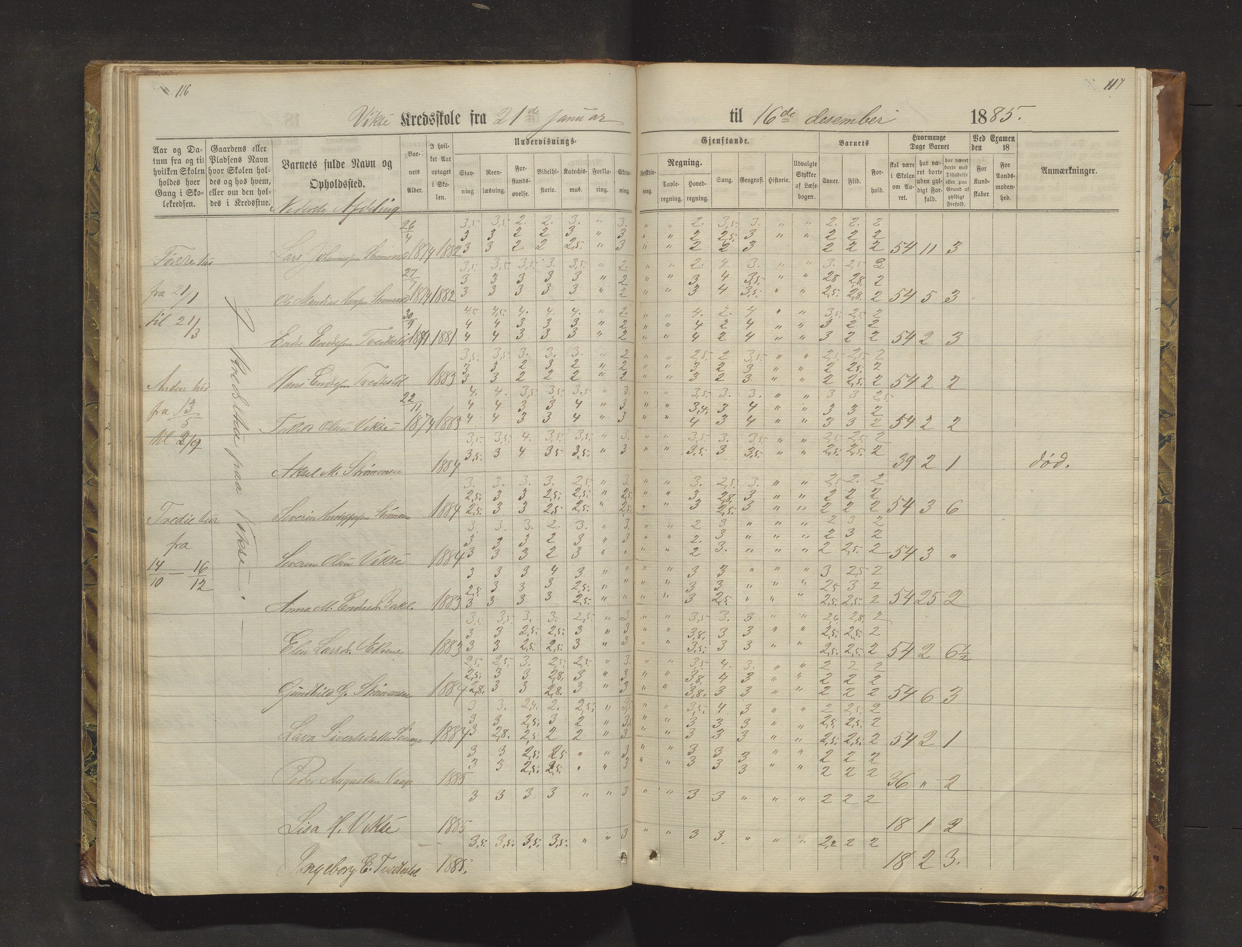 Sveio kommune. Barneskulane, IKAH/1216-231/F/Fa/L0018: Skuleprotokoll for Nordre Våge, Eilerås, Våge og Vikse krinsskular, 1870-1889, p. 116-117