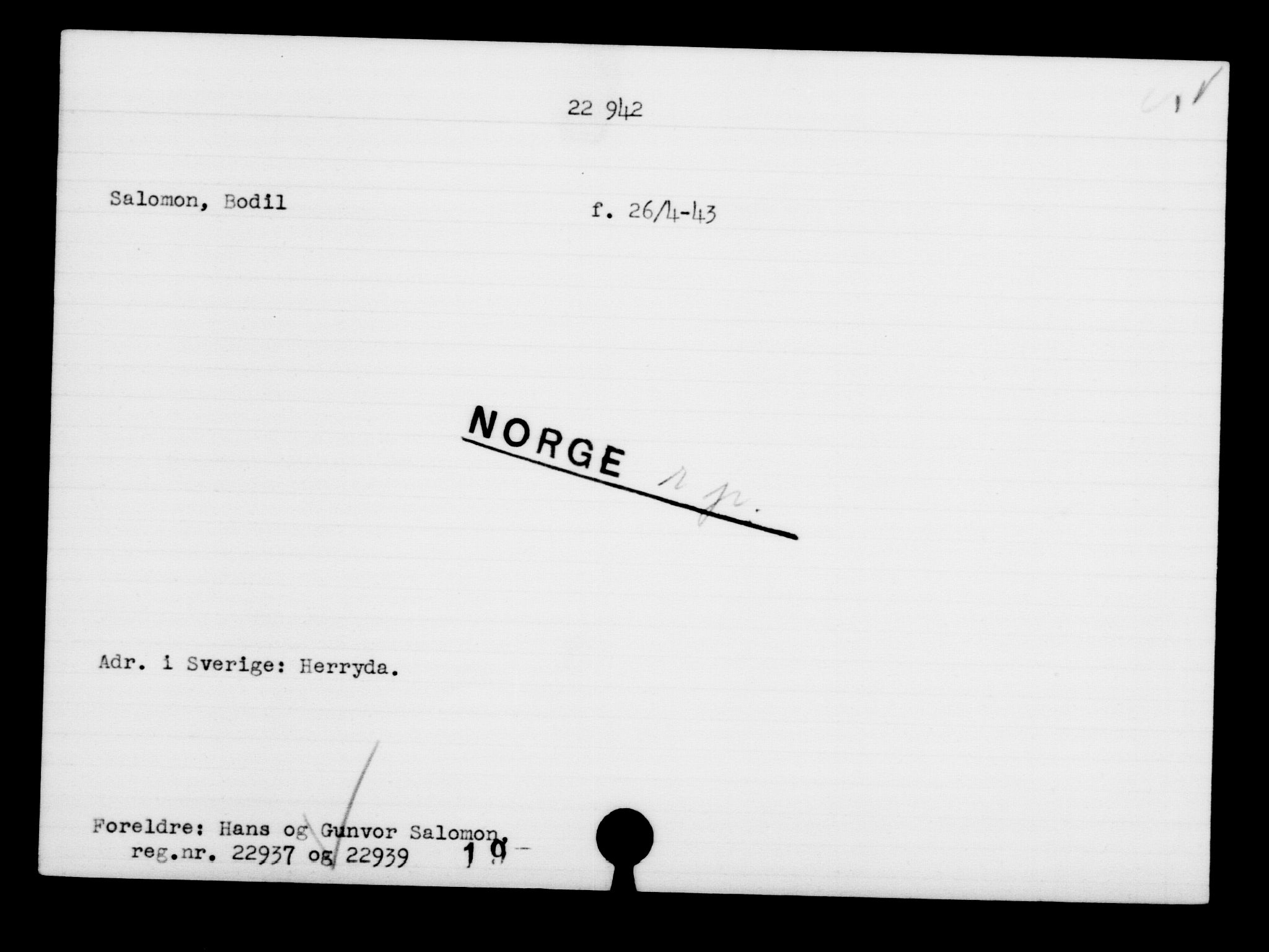 Den Kgl. Norske Legasjons Flyktningskontor, RA/S-6753/V/Va/L0010: Kjesäterkartoteket.  Flyktningenr. 22000-25314, 1940-1945, p. 1020