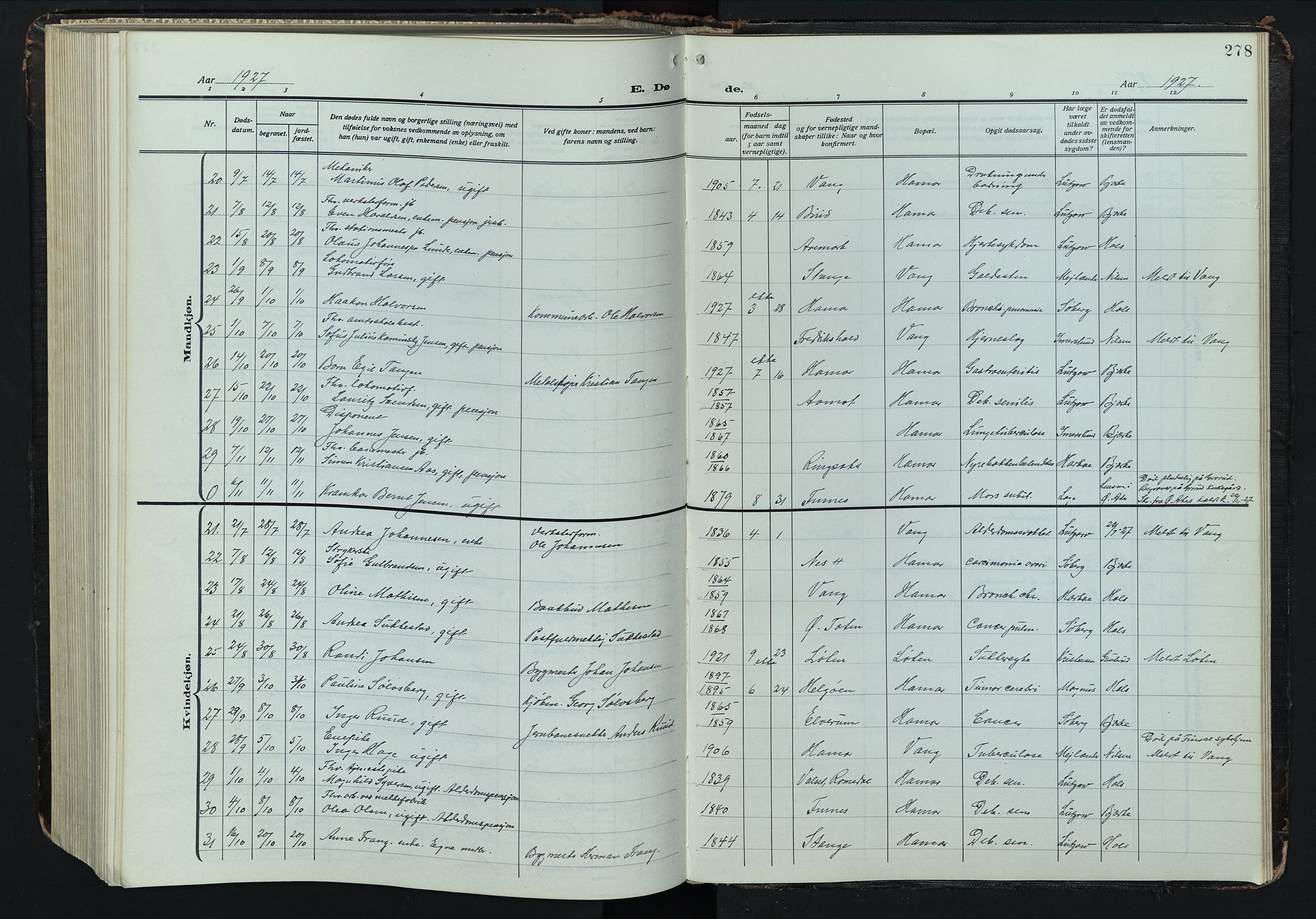 Hamar prestekontor, AV/SAH-DOMPH-002/H/Ha/Hab/L0004: Parish register (copy) no. 4, 1915-1942, p. 278