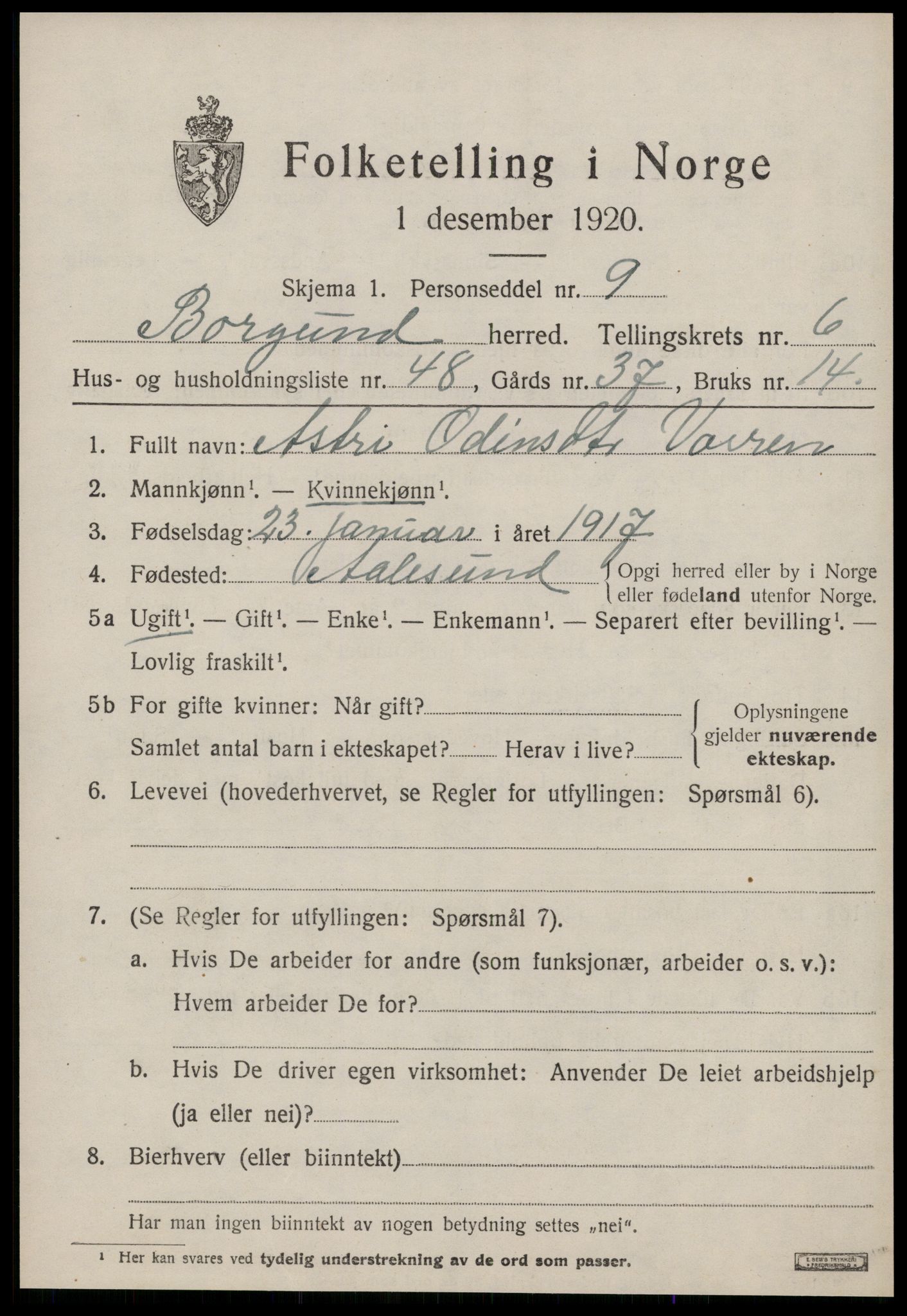 SAT, 1920 census for Borgund, 1920, p. 5768