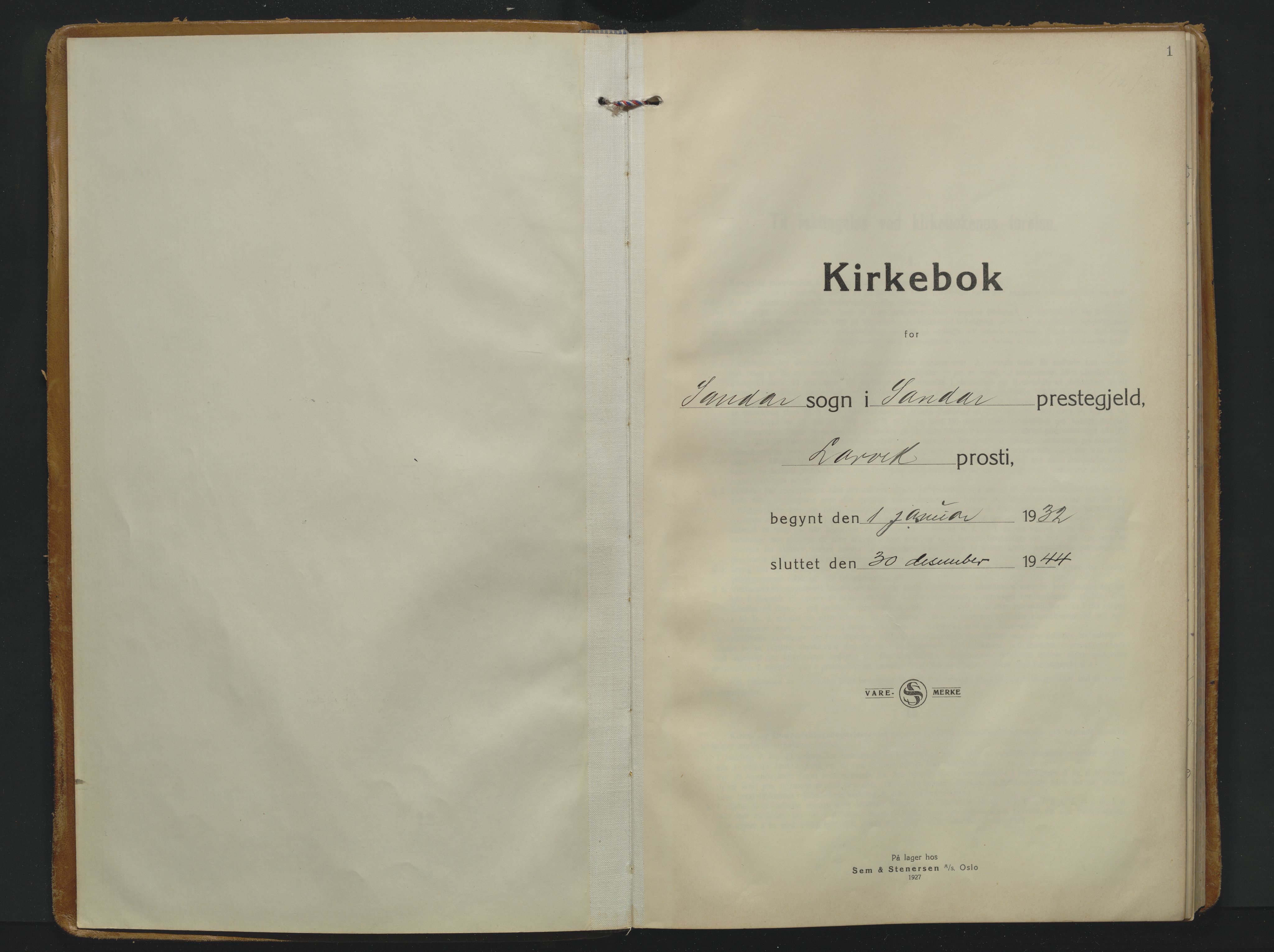 Sandar kirkebøker, AV/SAKO-A-243/F/Fa/L0026: Parish register (official) no. 26, 1932-1944, p. 1