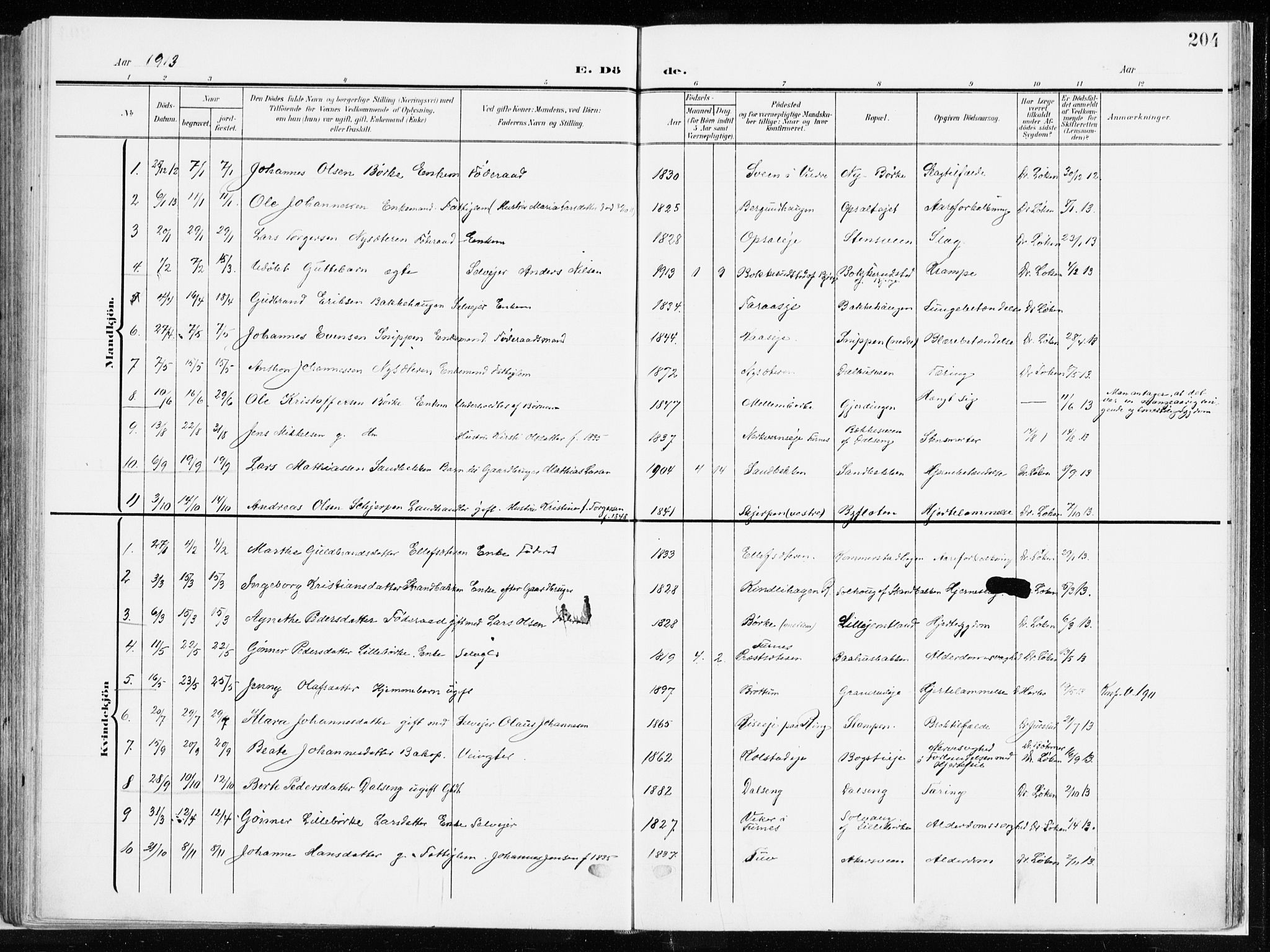 Ringsaker prestekontor, AV/SAH-PREST-014/K/Ka/L0019: Parish register (official) no. 19, 1905-1920, p. 204