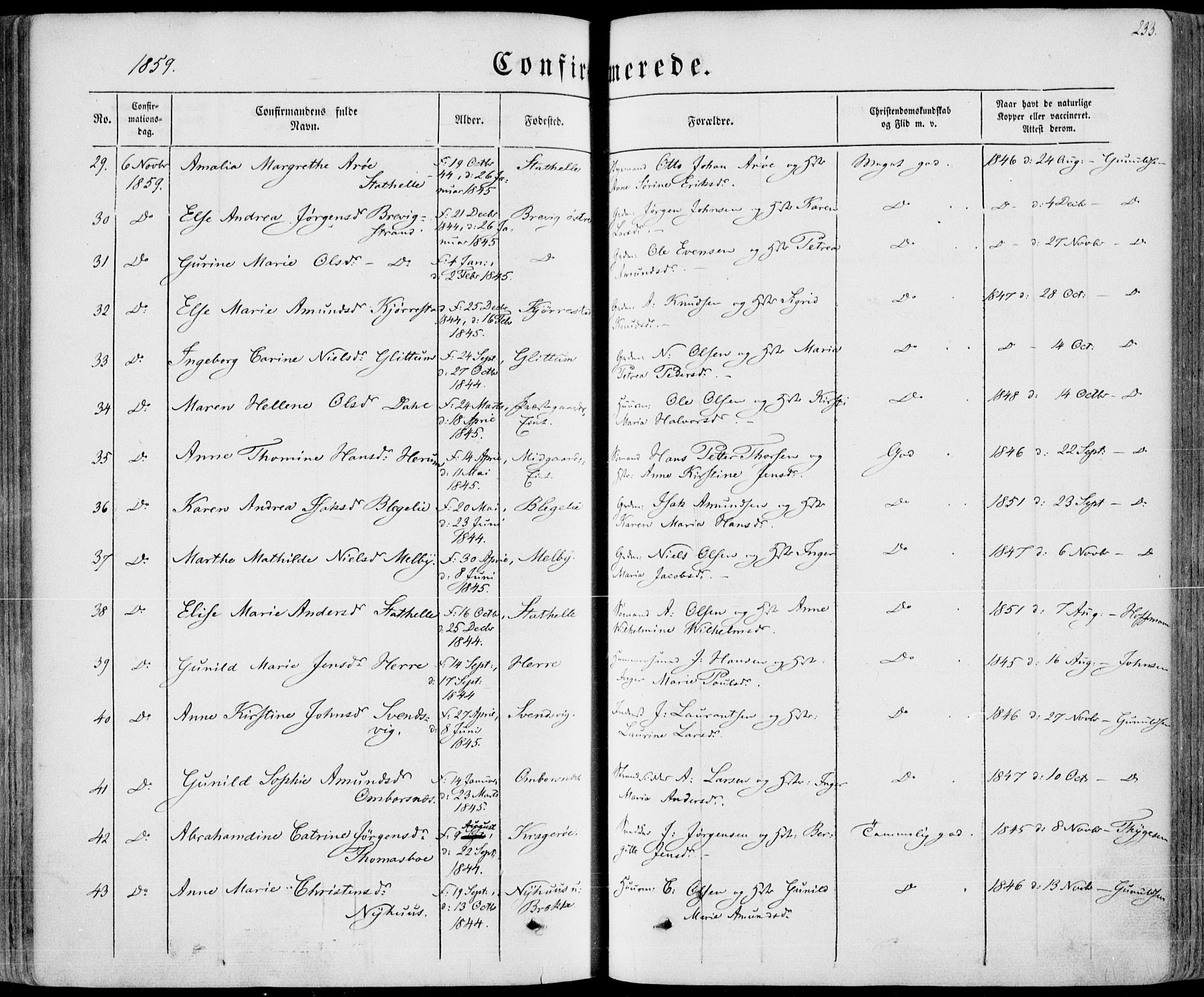 Bamble kirkebøker, SAKO/A-253/F/Fa/L0005: Parish register (official) no. I 5, 1854-1869, p. 233