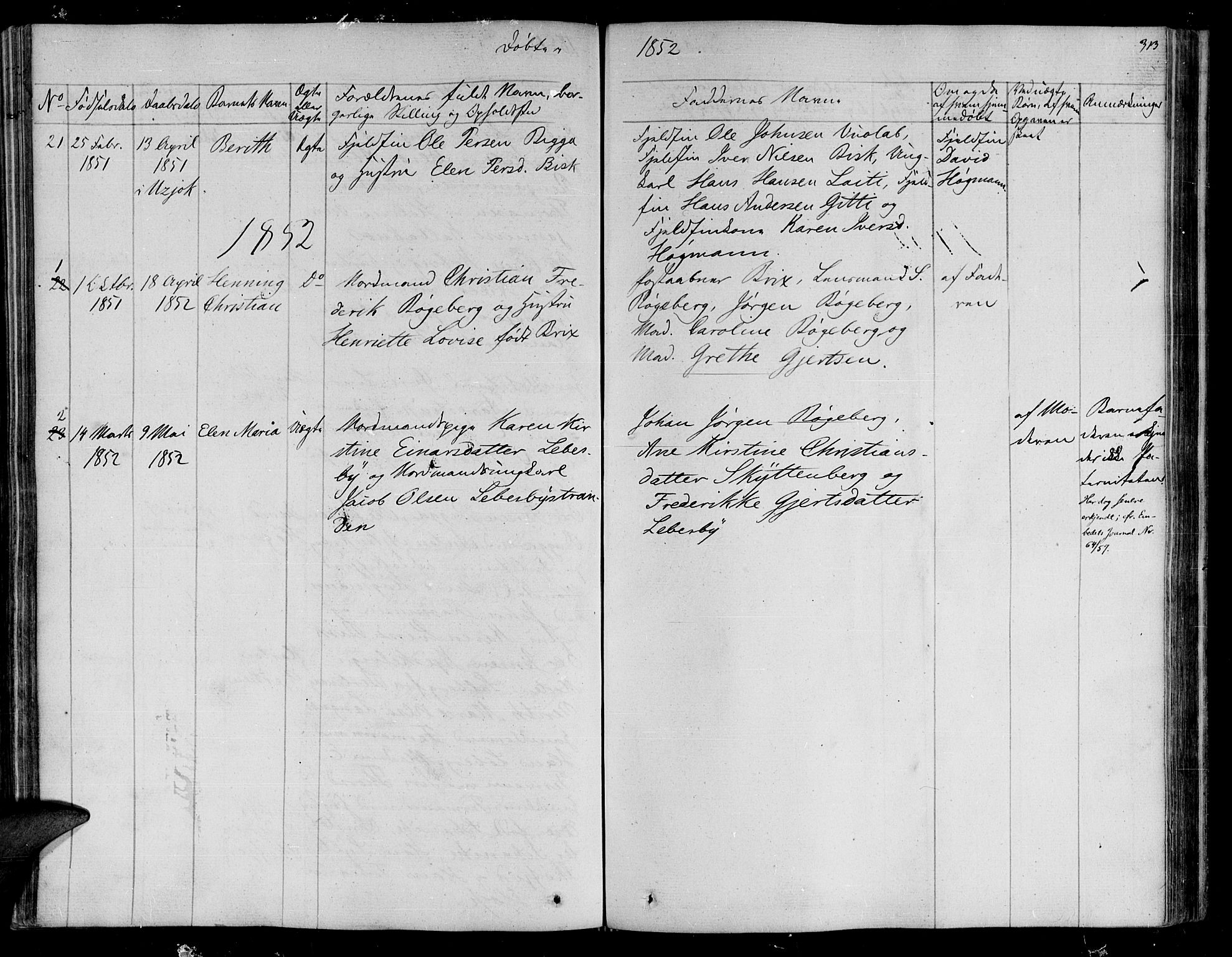 Lebesby sokneprestkontor, AV/SATØ-S-1353/H/Ha/L0003kirke: Parish register (official) no. 3, 1833-1852, p. 313