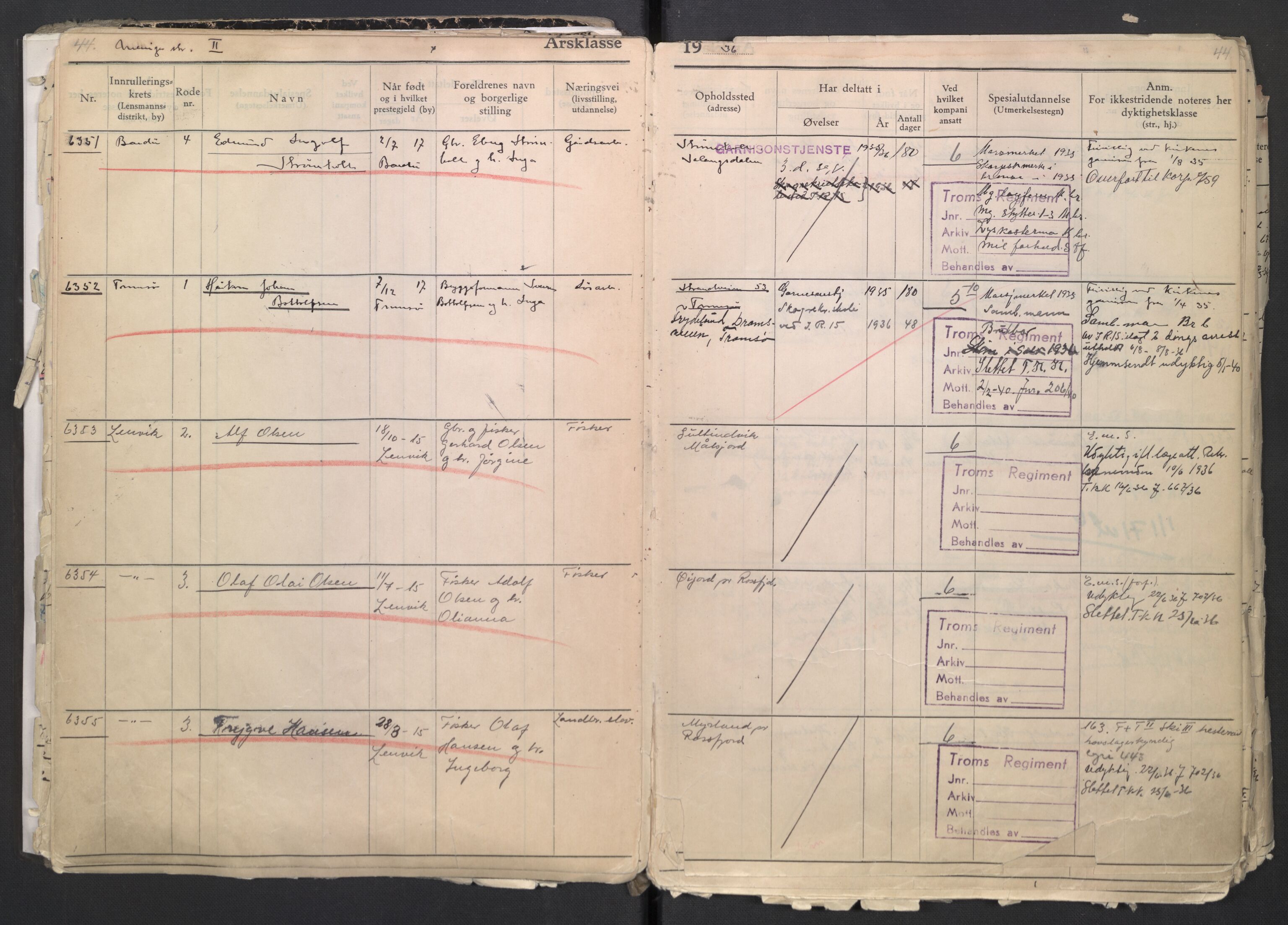 Forsvaret, Troms infanteriregiment nr. 16, AV/RA-RAFA-3146/P/Pa/L0007/0001: Ruller / Rulle for regimentets menige mannskaper, årsklasse 1936, 1936, p. 44