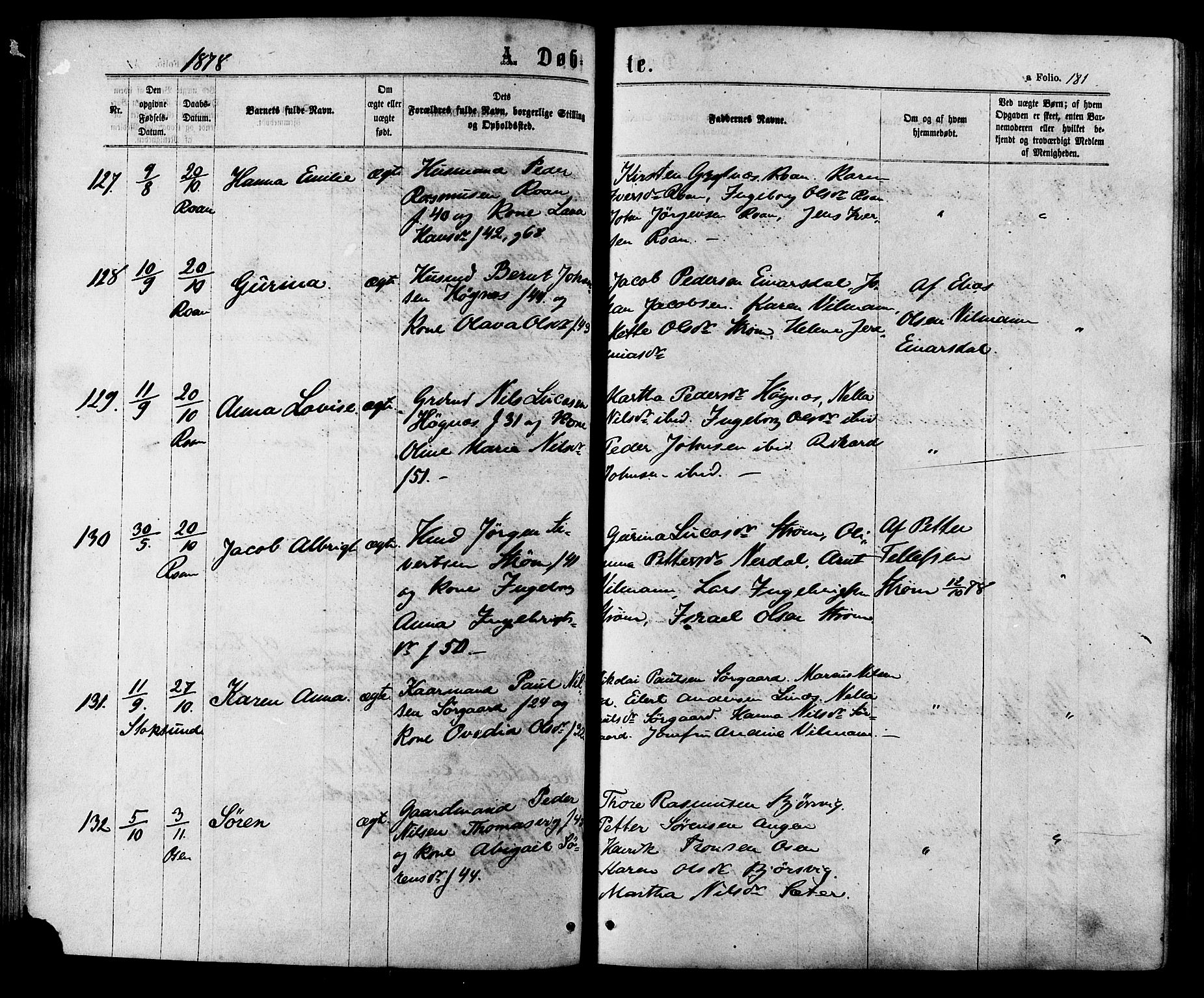 Ministerialprotokoller, klokkerbøker og fødselsregistre - Sør-Trøndelag, AV/SAT-A-1456/657/L0706: Parish register (official) no. 657A07, 1867-1878, p. 181