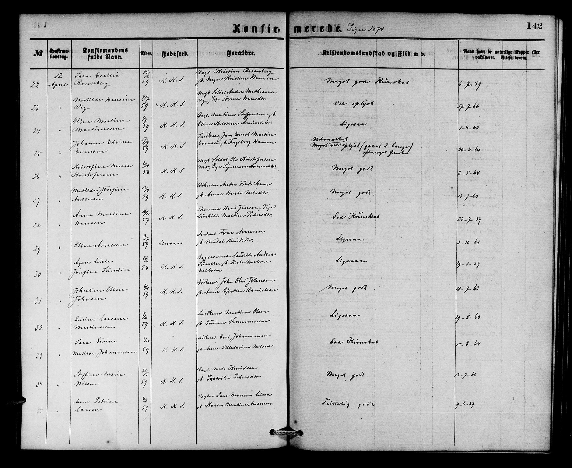 Korskirken sokneprestembete, AV/SAB-A-76101/H/Hab: Parish register (copy) no. C 2, 1869-1879, p. 142