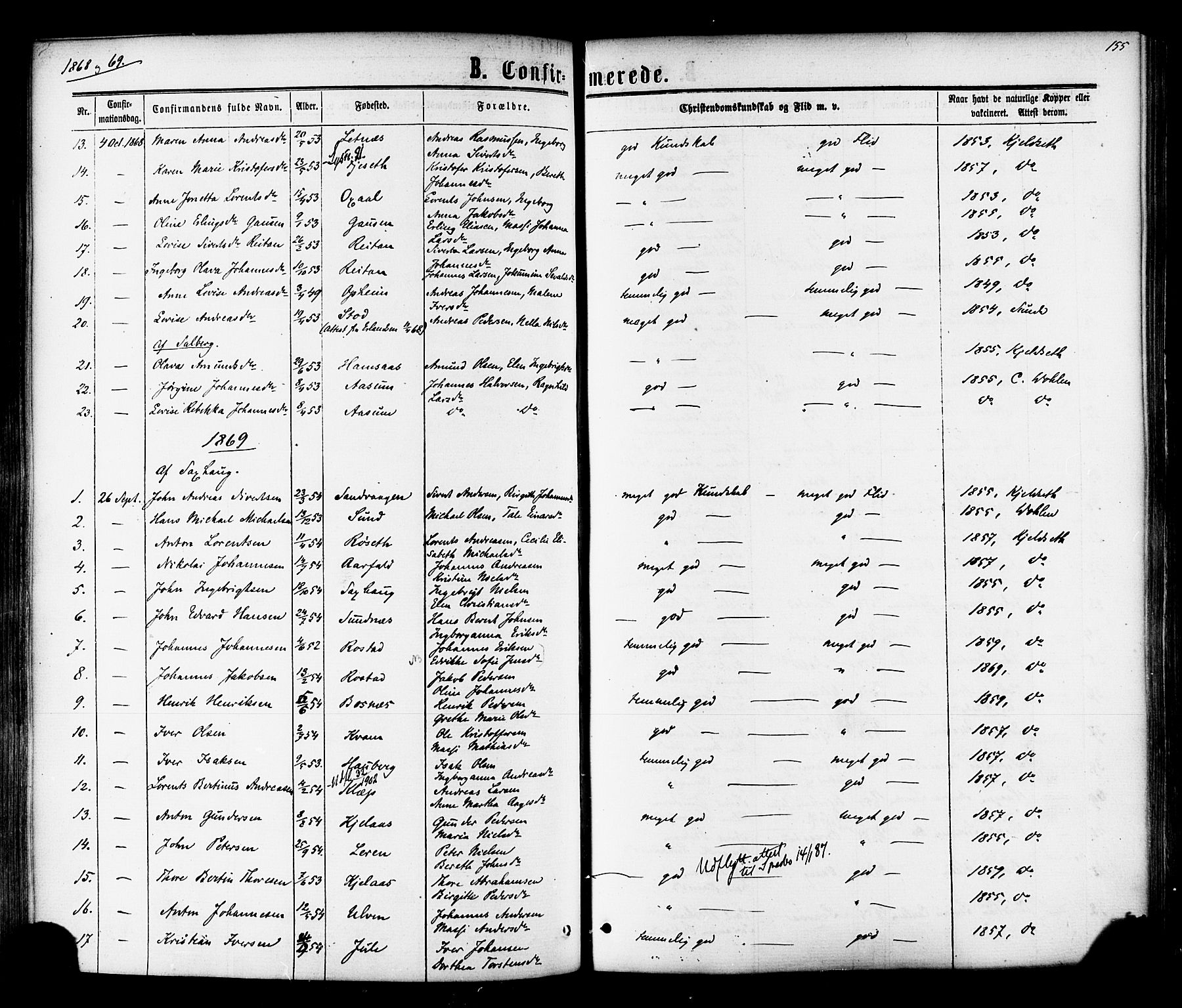 Ministerialprotokoller, klokkerbøker og fødselsregistre - Nord-Trøndelag, SAT/A-1458/730/L0284: Parish register (official) no. 730A09, 1866-1878, p. 155