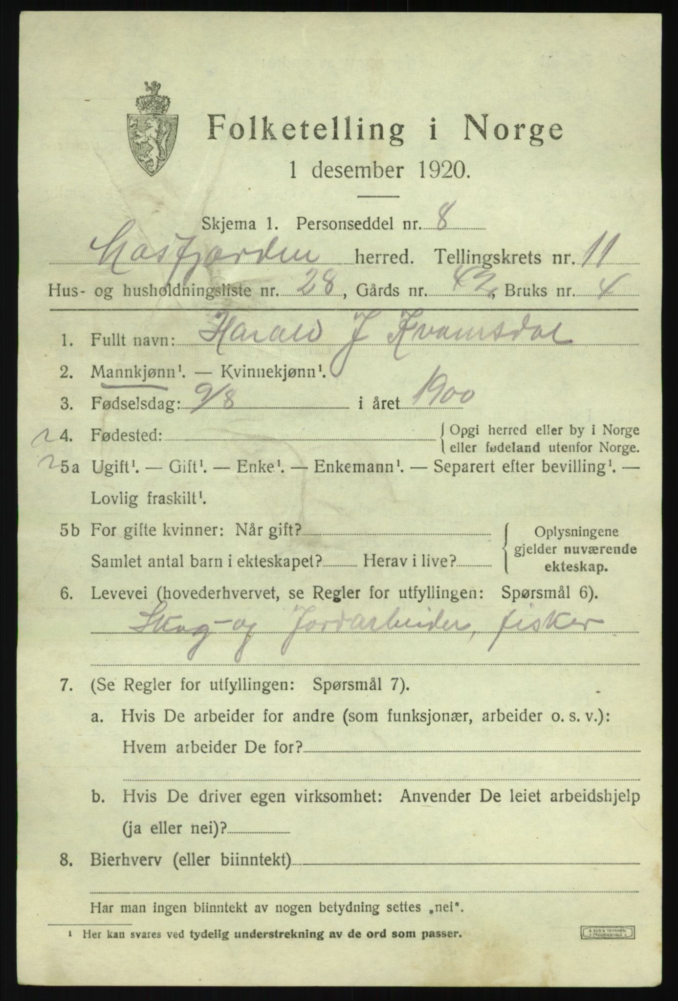 SAB, 1920 census for Masfjorden, 1920, p. 4463