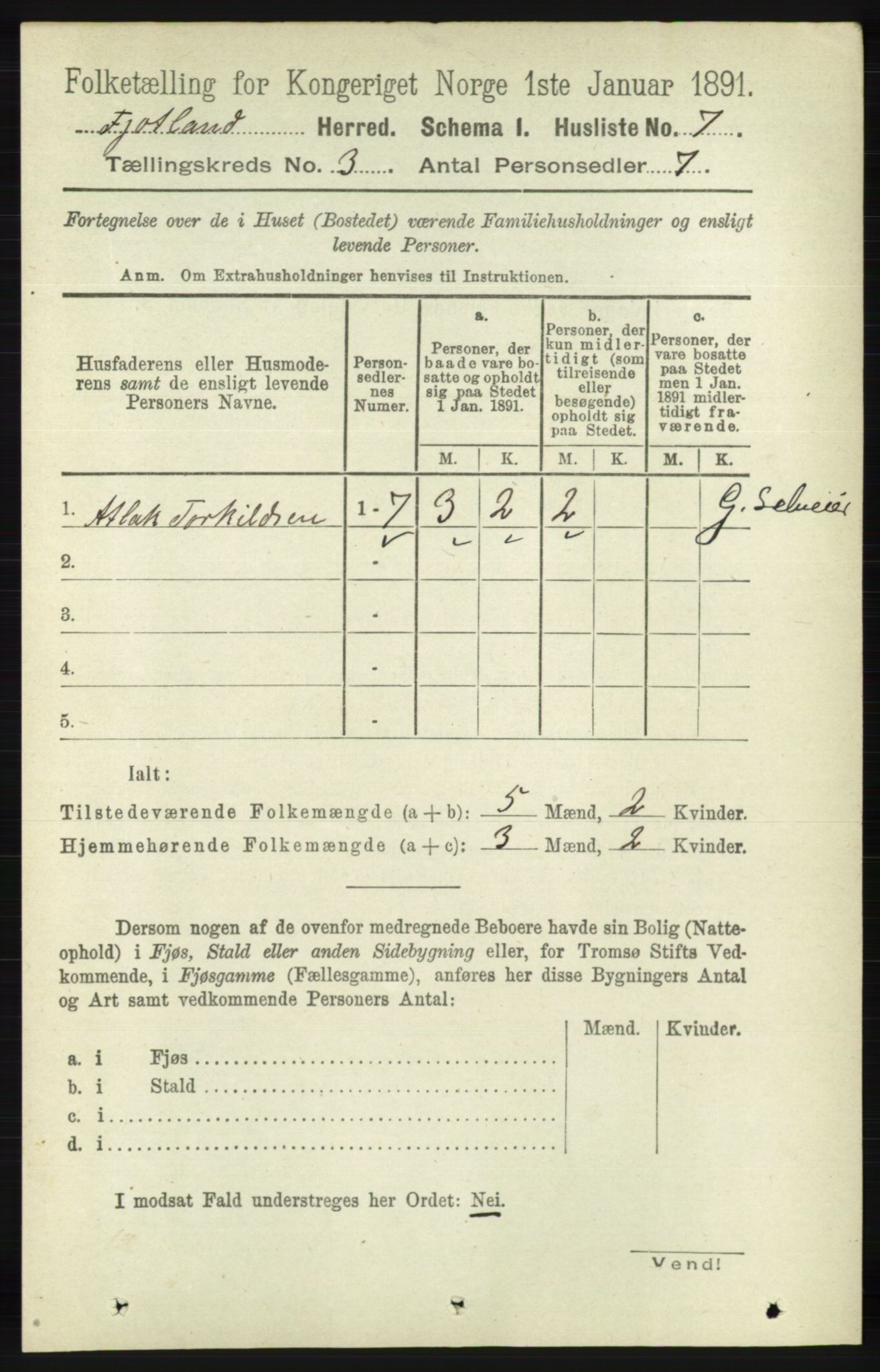 RA, 1891 census for 1036 Fjotland, 1891, p. 378