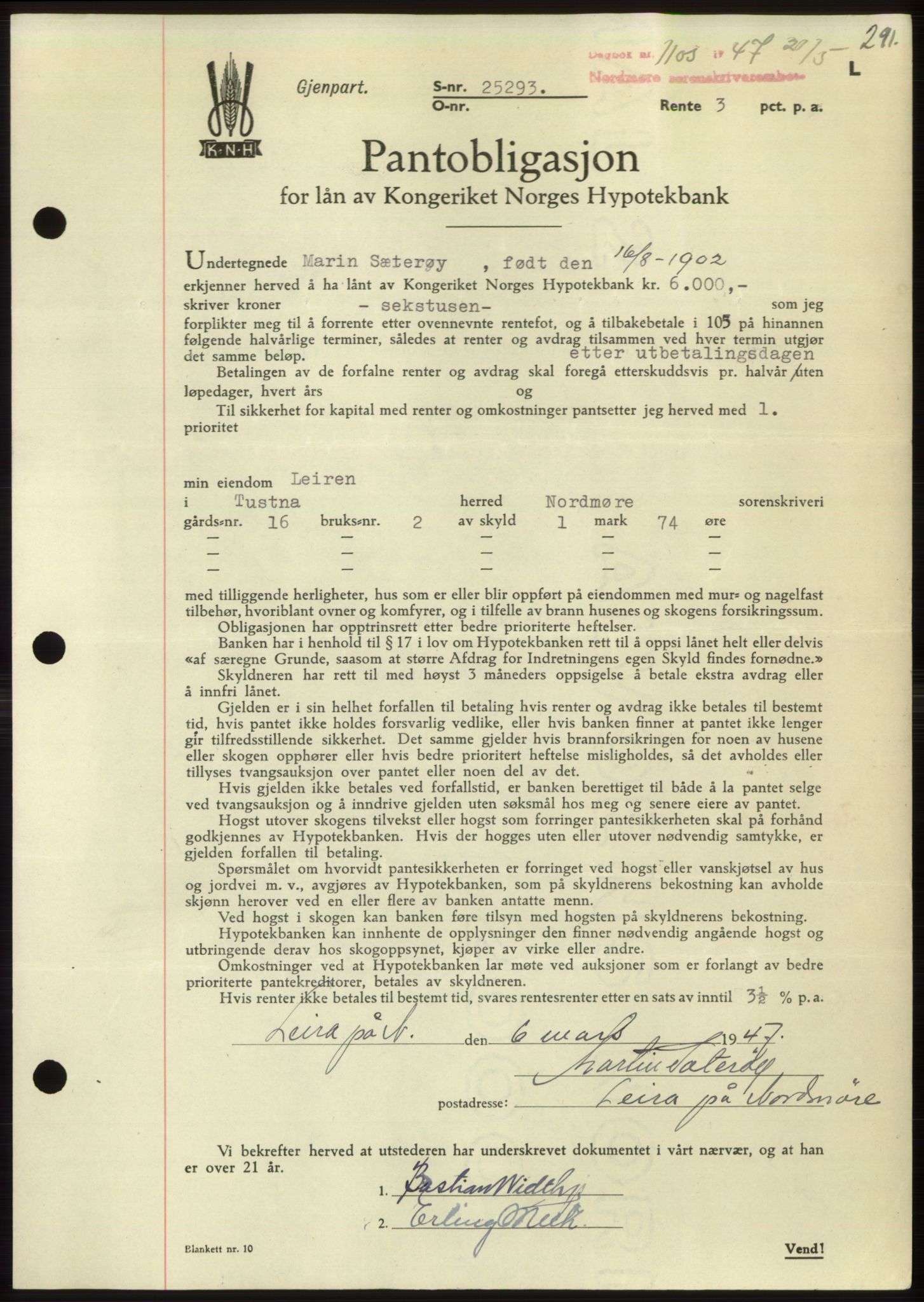 Nordmøre sorenskriveri, AV/SAT-A-4132/1/2/2Ca: Mortgage book no. B96, 1947-1947, Diary no: : 1103/1947