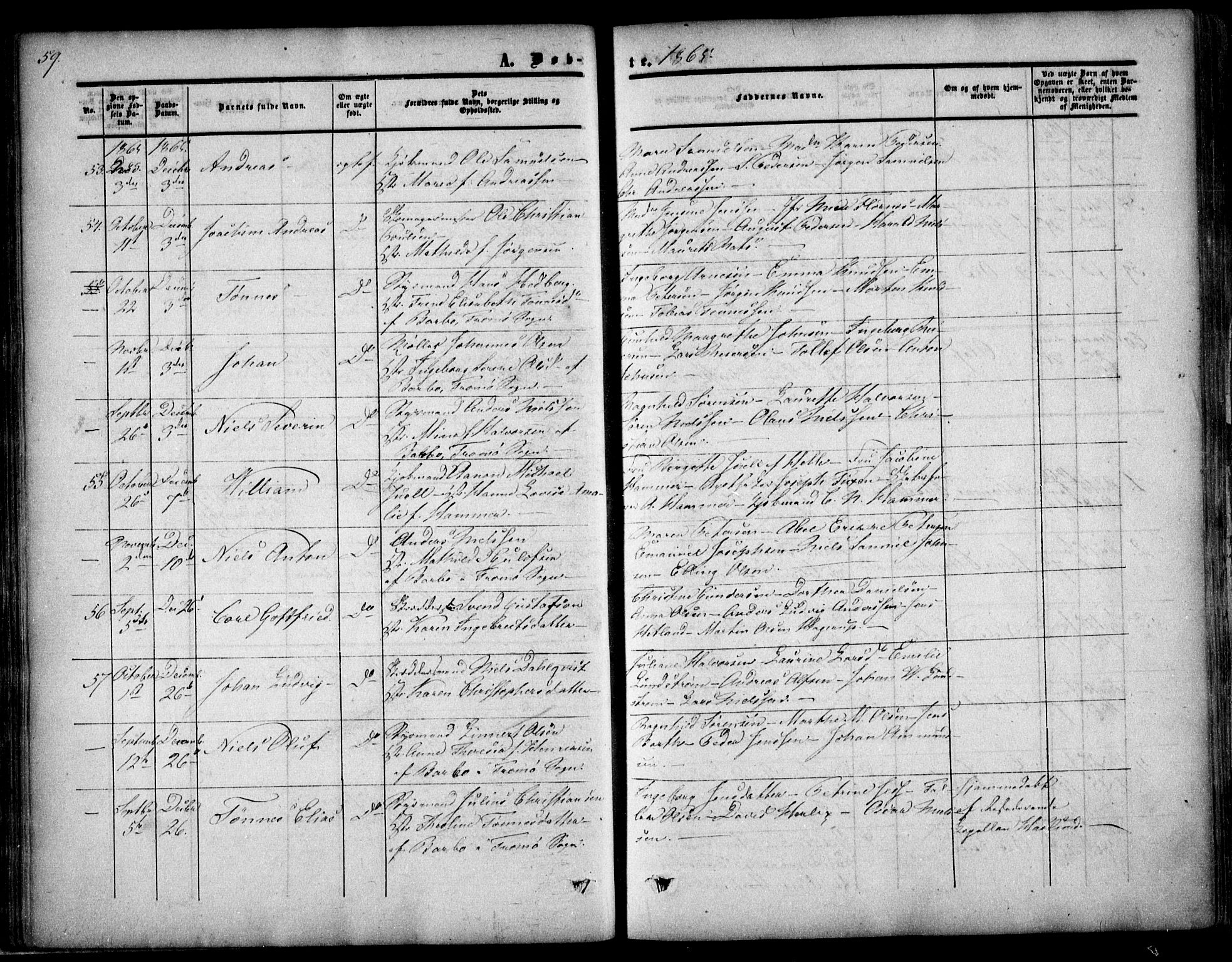 Arendal sokneprestkontor, Trefoldighet, SAK/1111-0040/F/Fa/L0006: Parish register (official) no. A 6, 1855-1868, p. 59