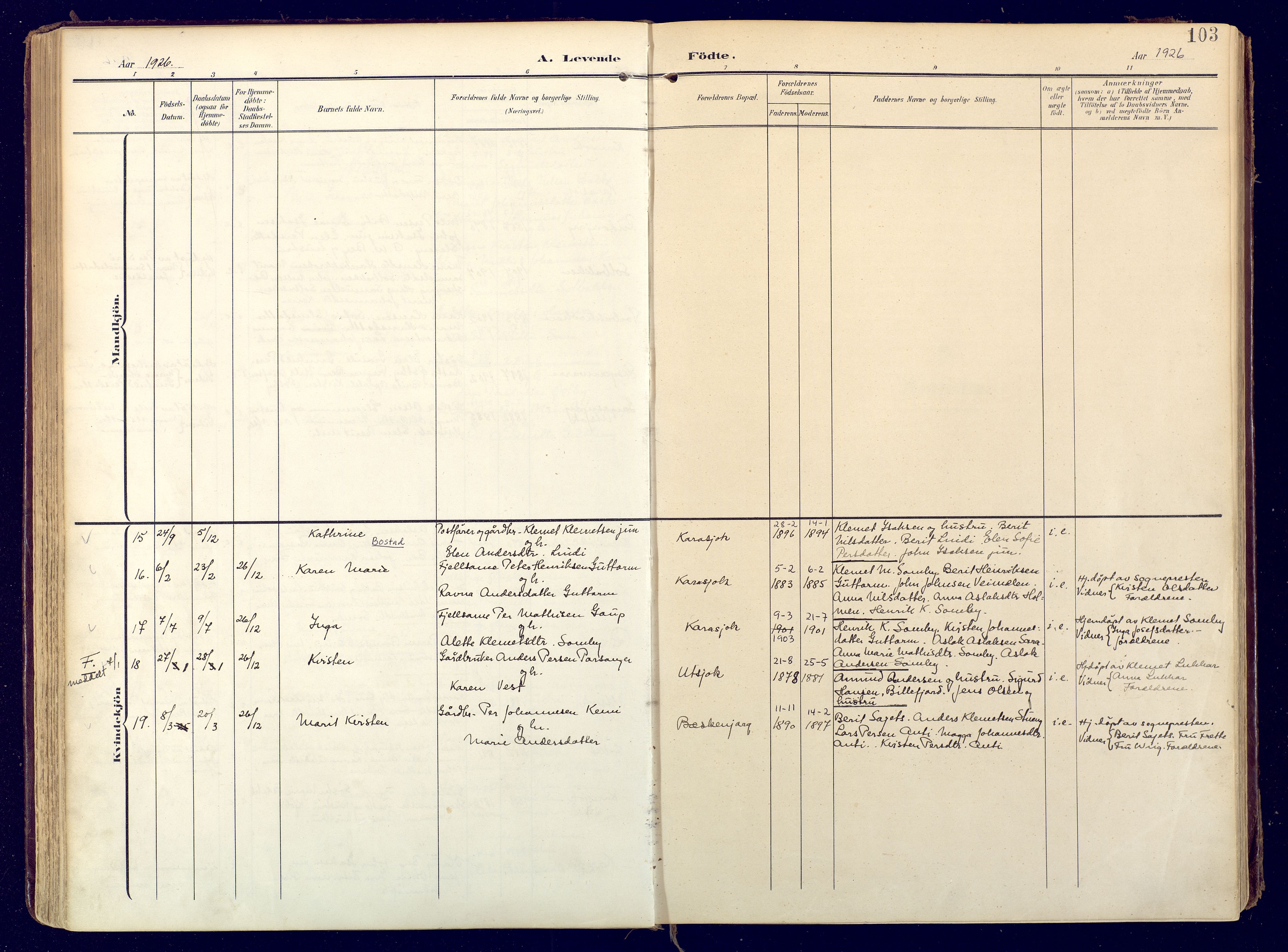 Karasjok sokneprestkontor, AV/SATØ-S-1352/H/Ha: Parish register (official) no. 3, 1907-1926, p. 103