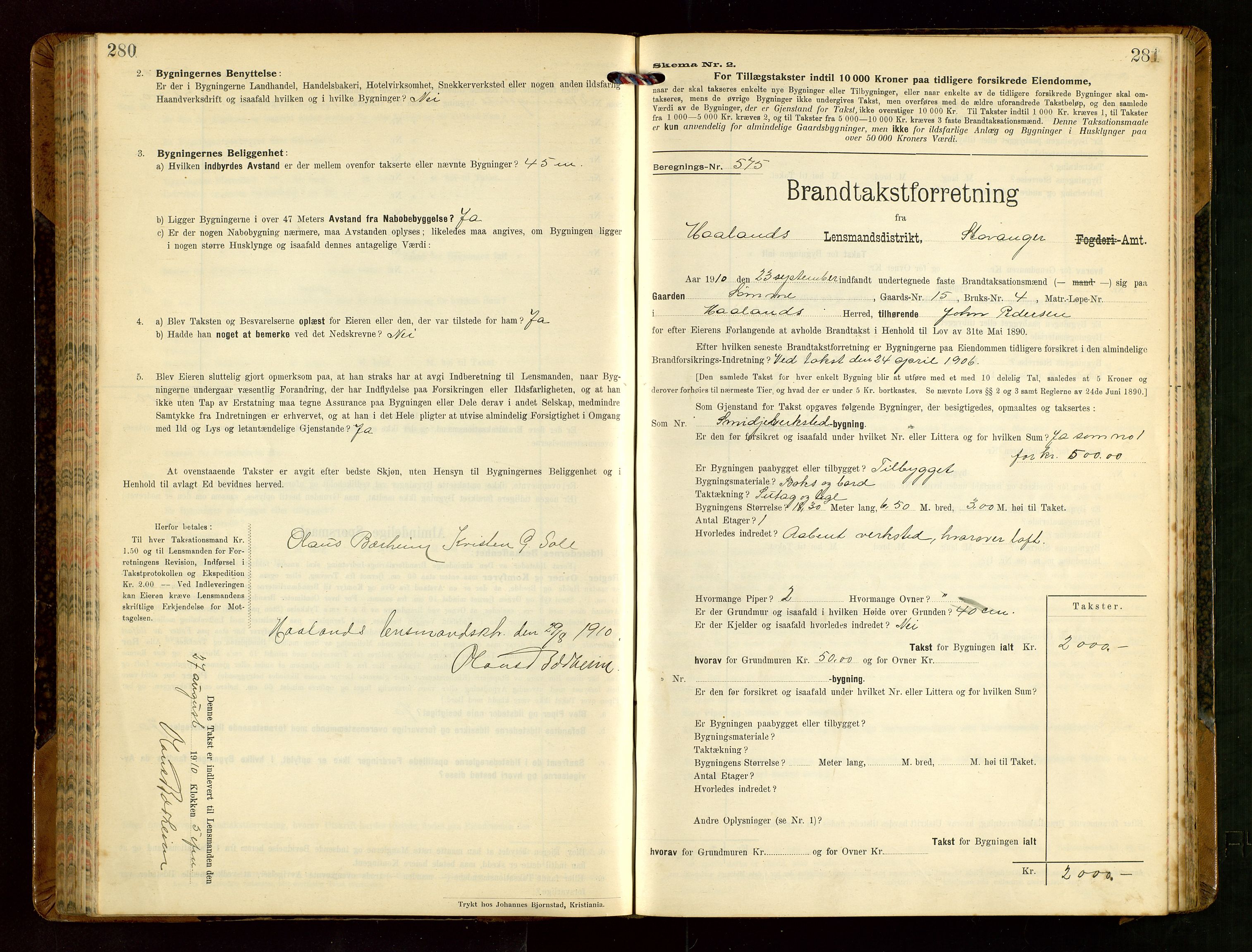 Håland lensmannskontor, AV/SAST-A-100100/Gob/L0004: Branntakstprotokoll - skjematakst. Register i boken., 1913-1915, p. 280-281