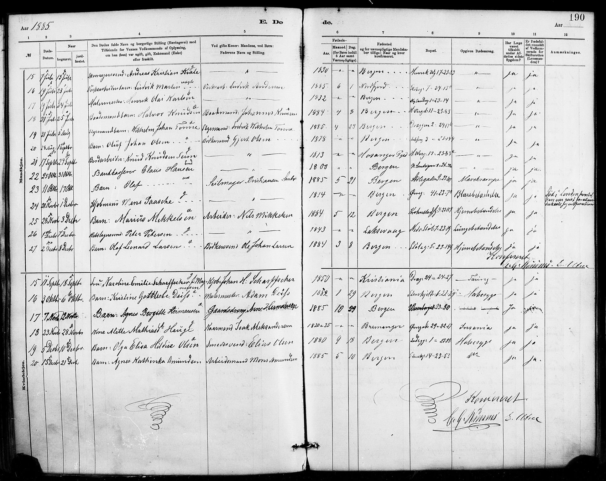 Mariakirken Sokneprestembete, AV/SAB-A-76901/H/Haa/L0007: Parish register (official) no. A 7, 1878-1893, p. 190