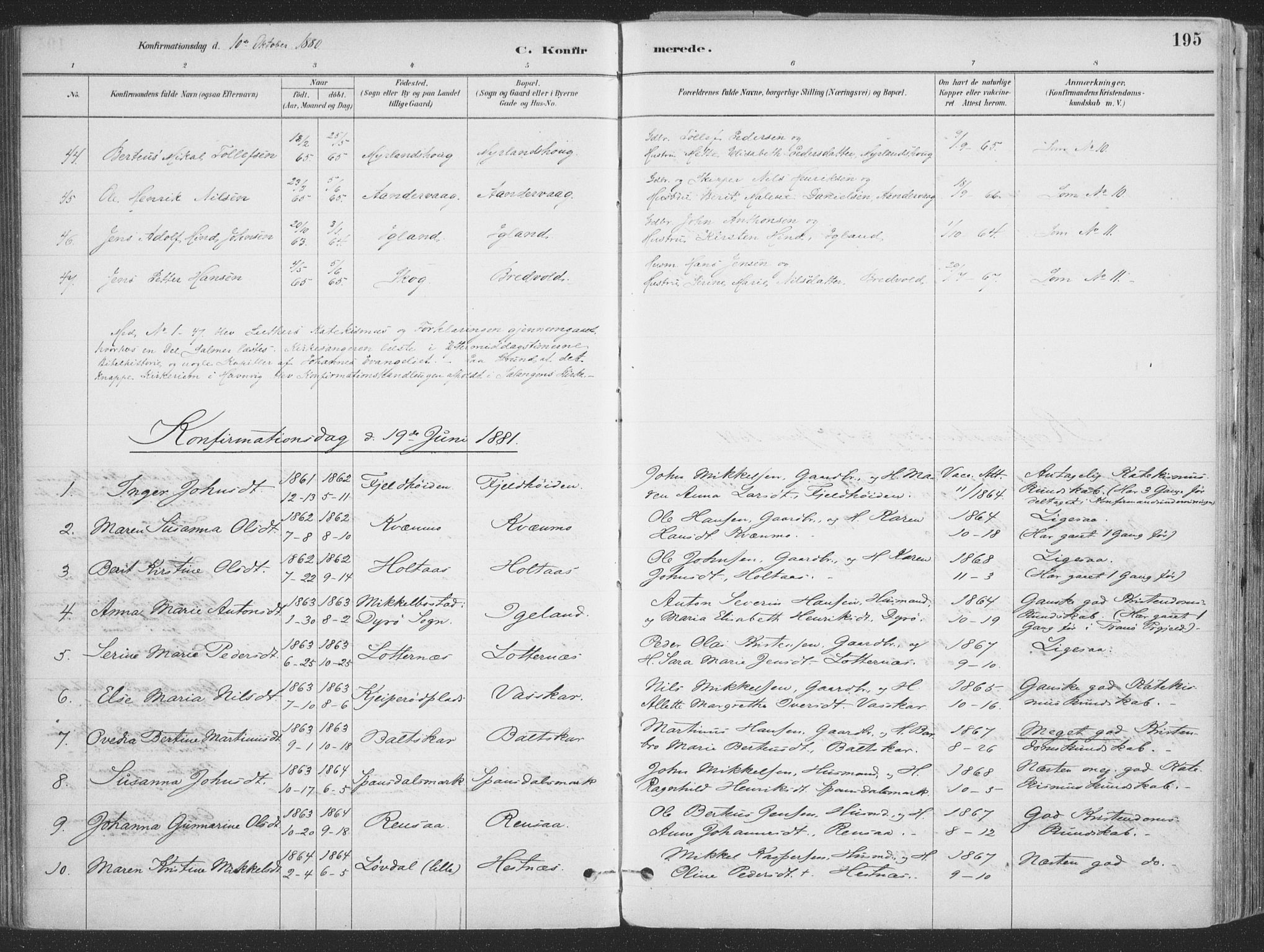 Ibestad sokneprestembete, SATØ/S-0077/H/Ha/Haa/L0011kirke: Parish register (official) no. 11, 1880-1889, p. 195