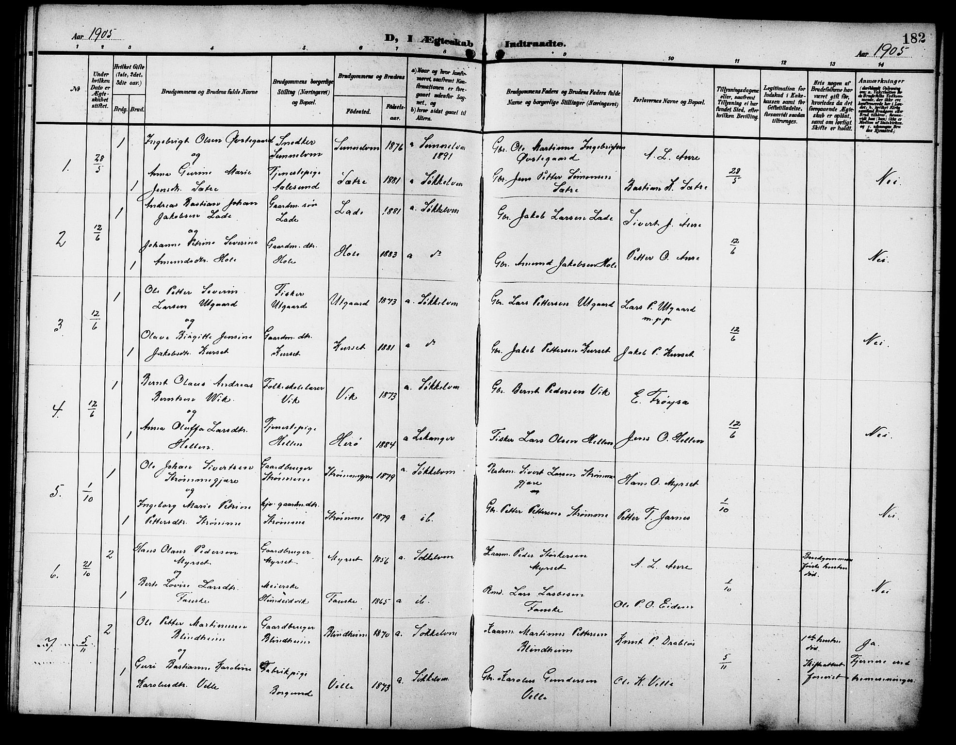 Ministerialprotokoller, klokkerbøker og fødselsregistre - Møre og Romsdal, SAT/A-1454/523/L0341: Parish register (copy) no. 523C04, 1903-1916, p. 182