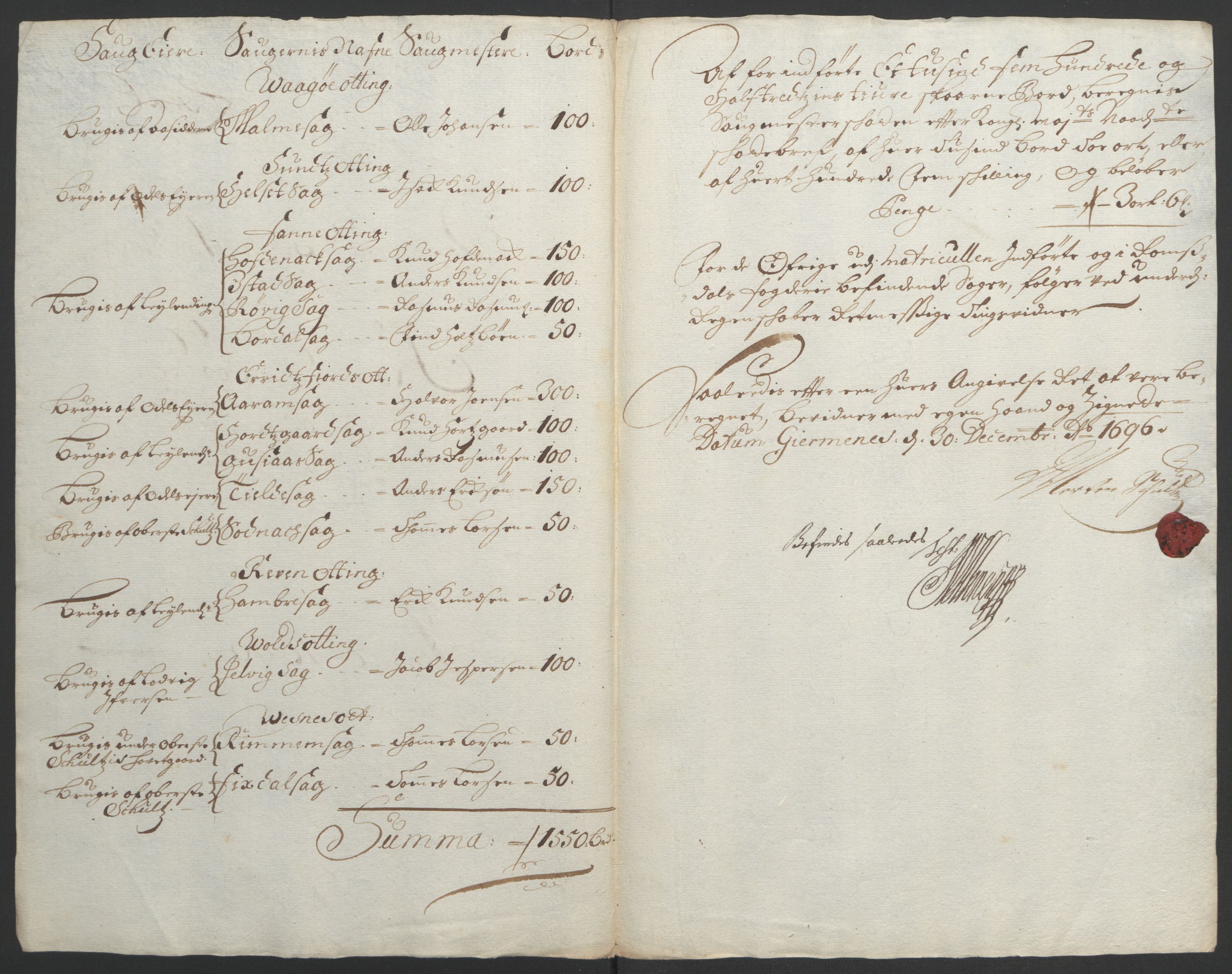 Rentekammeret inntil 1814, Reviderte regnskaper, Fogderegnskap, RA/EA-4092/R55/L3652: Fogderegnskap Romsdal, 1695-1696, p. 224