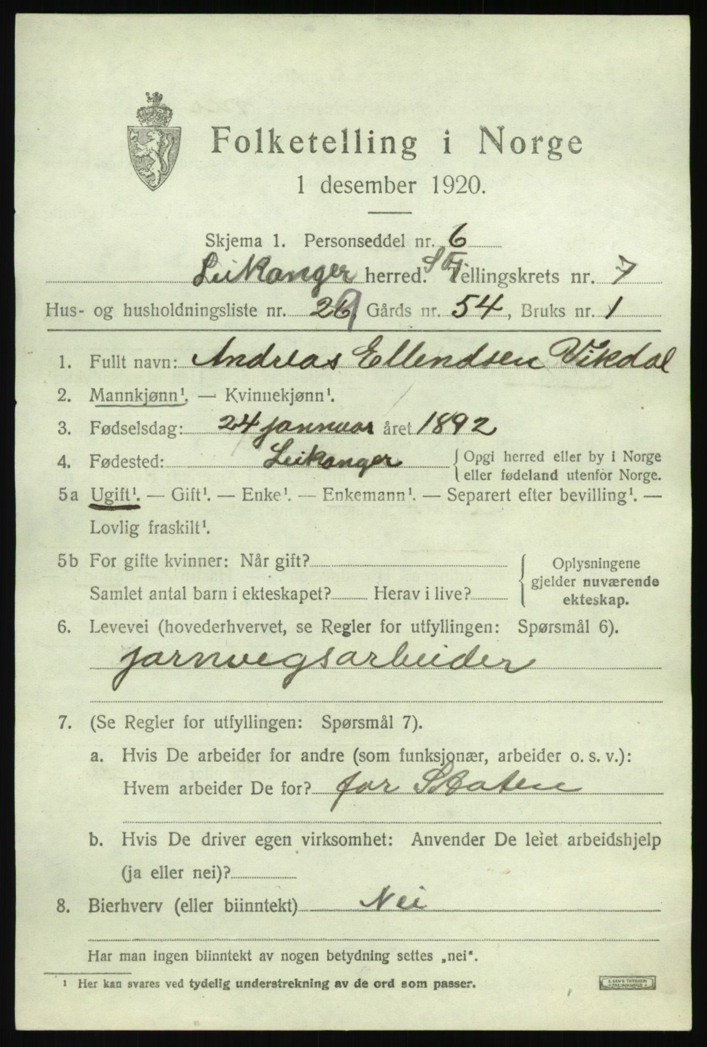 SAB, 1920 census for Leikanger, 1920, p. 4884