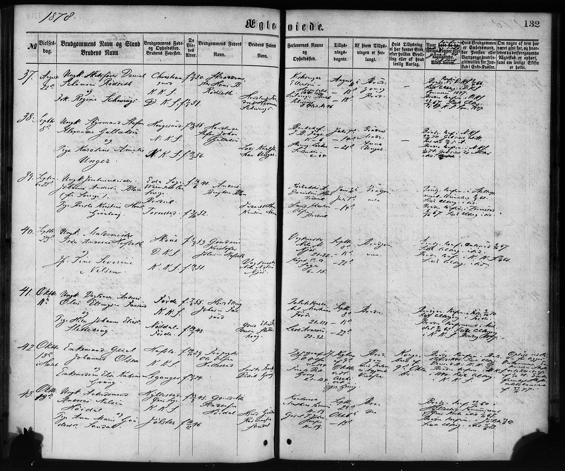 Korskirken sokneprestembete, AV/SAB-A-76101/H/Haa/L0036: Parish register (official) no. D 3, 1867-1882, p. 132