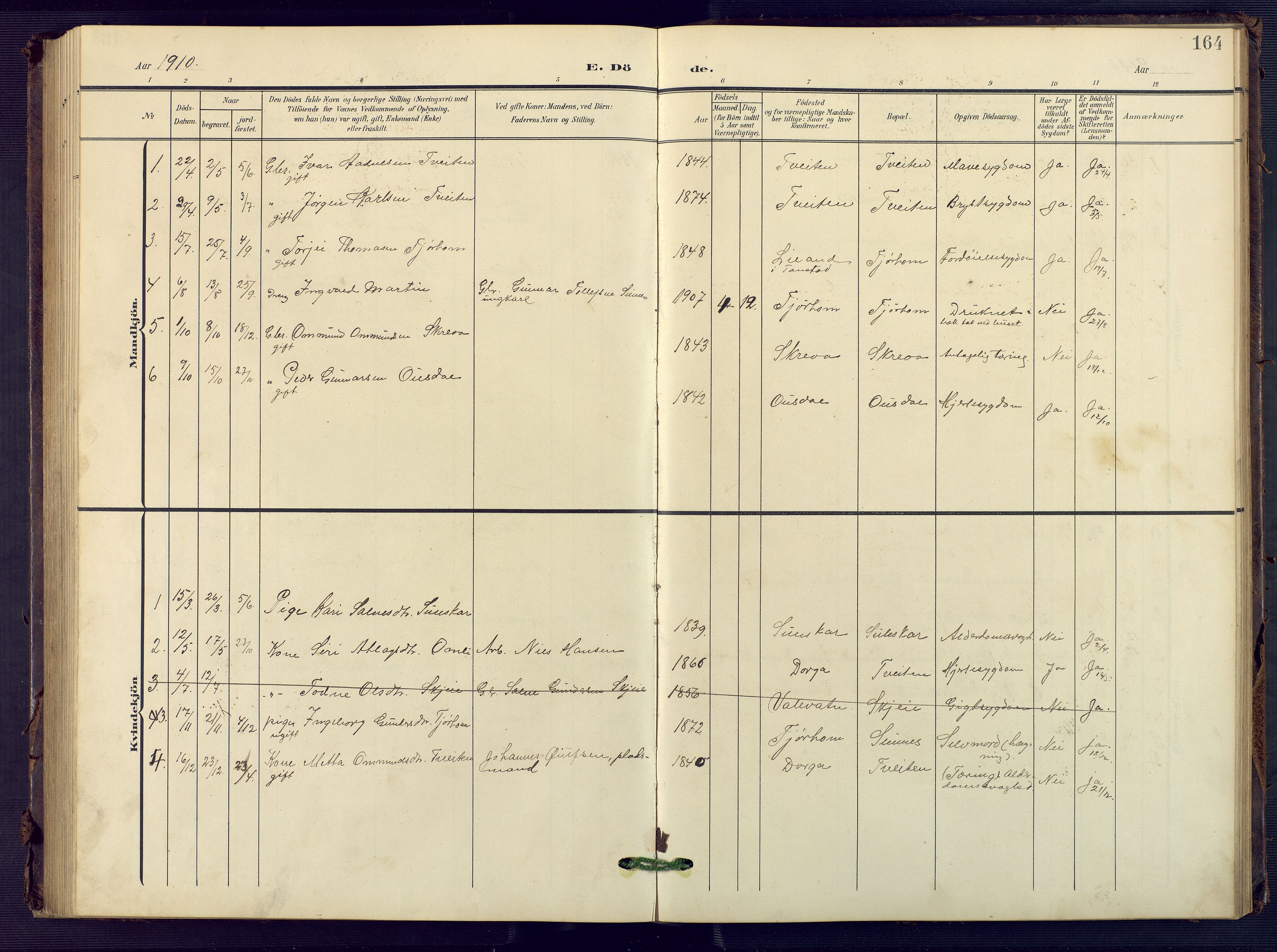 Sirdal sokneprestkontor, AV/SAK-1111-0036/F/Fb/Fba/L0002: Parish register (copy) no. B 2, 1905-1958, p. 164