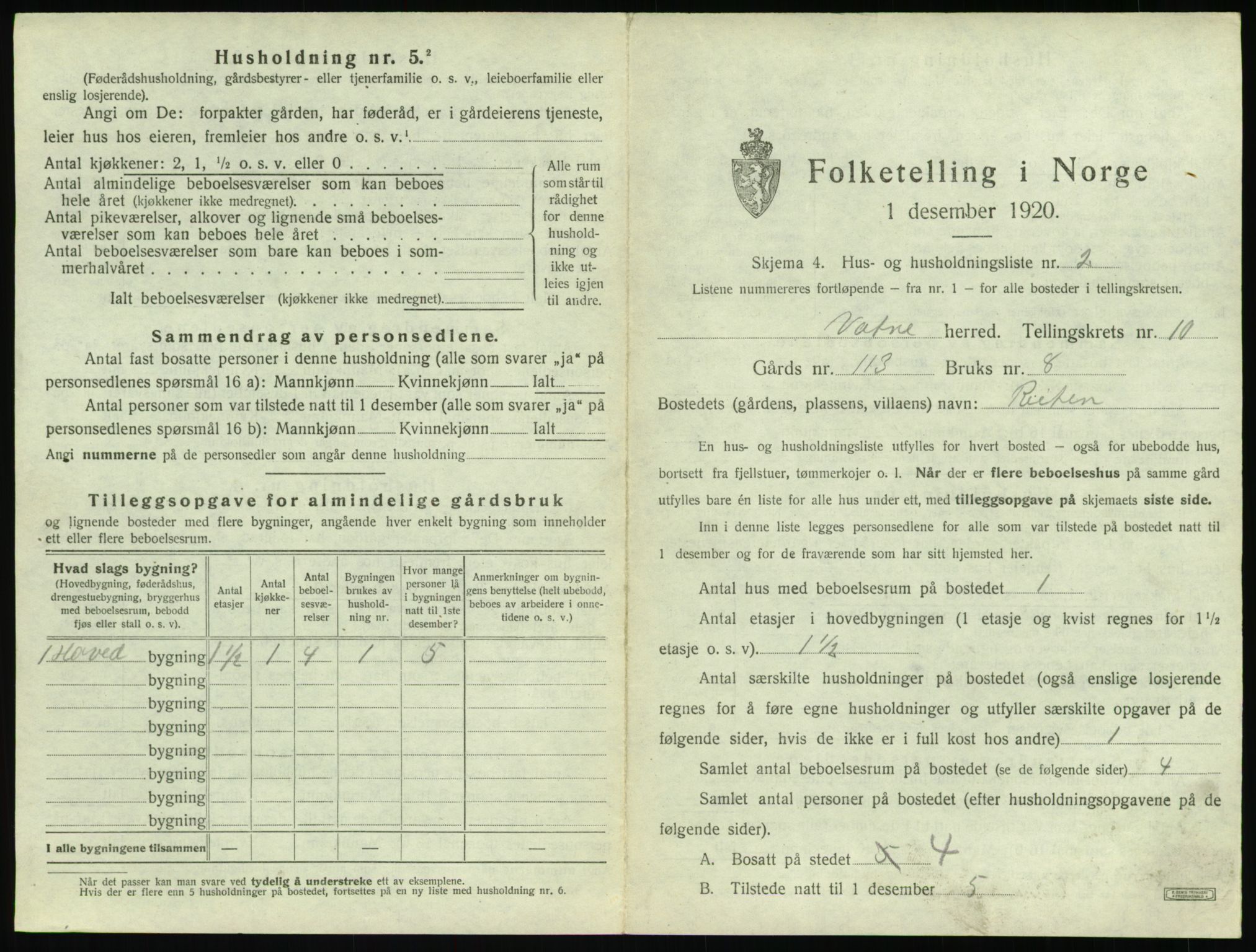 SAT, 1920 census for Vatne, 1920, p. 542