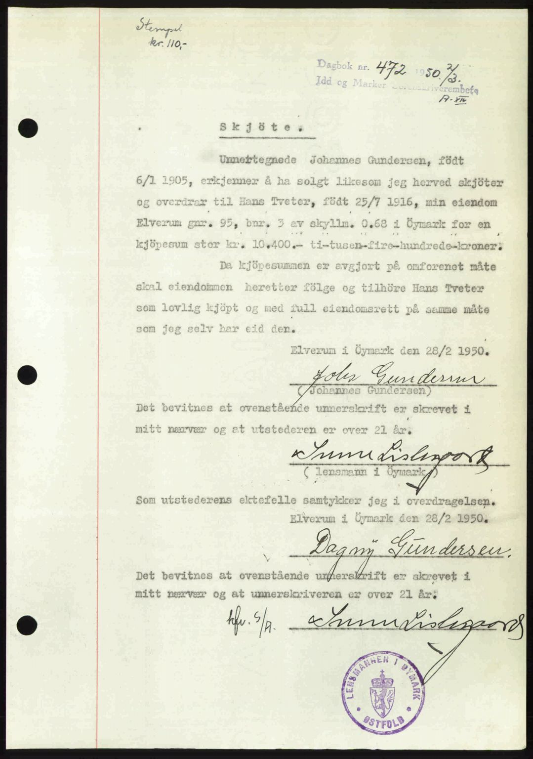 Idd og Marker sorenskriveri, AV/SAO-A-10283/G/Gb/Gbb/L0014: Mortgage book no. A14, 1950-1950, Diary no: : 472/1950