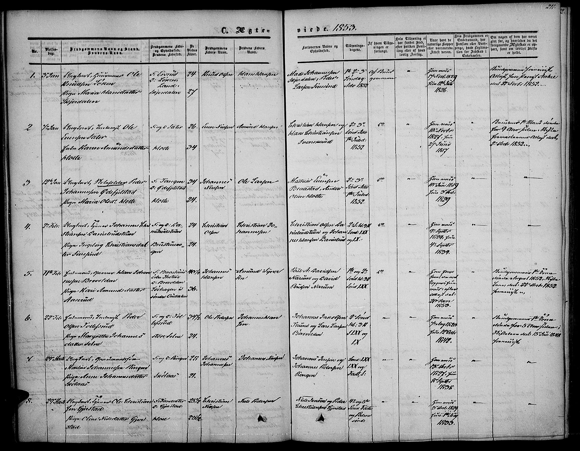 Vestre Toten prestekontor, SAH/PREST-108/H/Ha/Haa/L0005: Parish register (official) no. 5, 1850-1855, p. 211