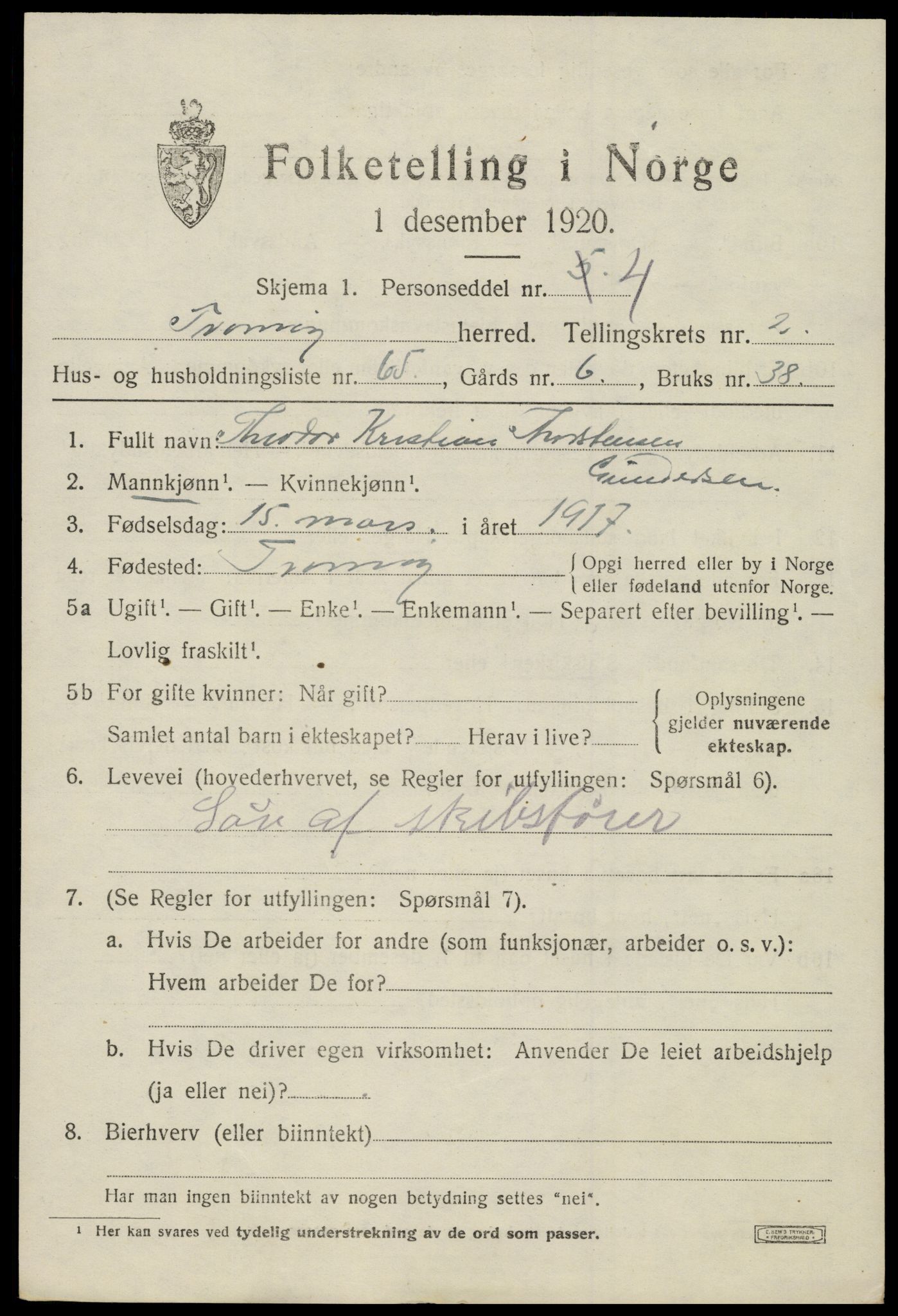 SAK, 1920 census for Tromøy, 1920, p. 1893