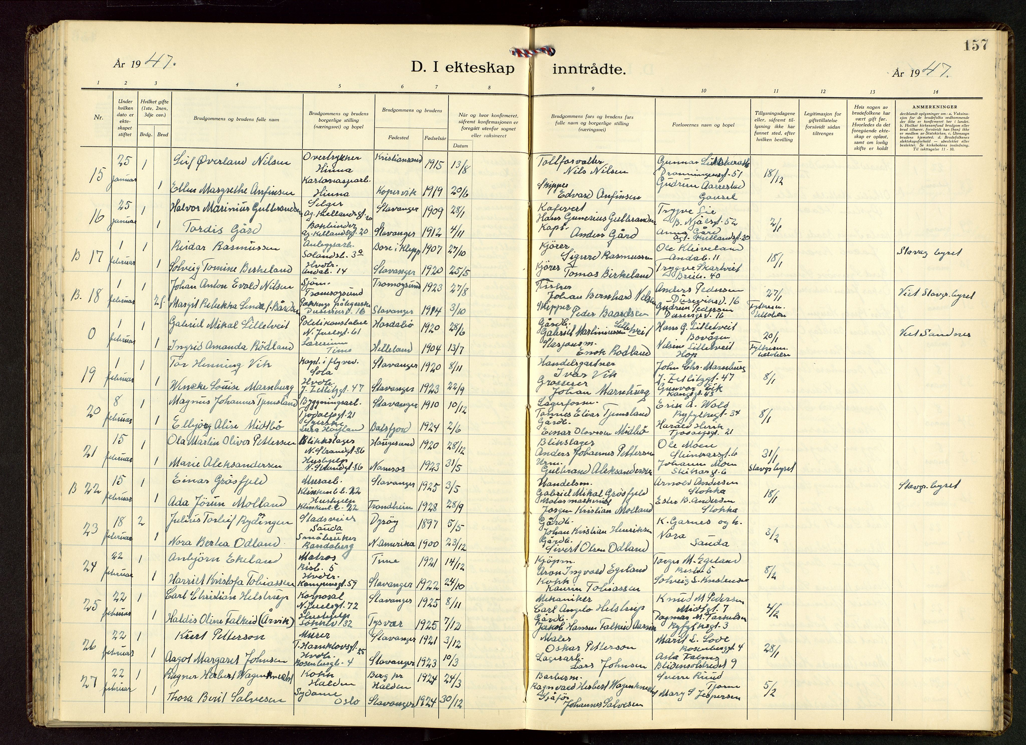 Domkirken sokneprestkontor, AV/SAST-A-101812/001/30/30BB/L0022: Parish register (copy) no. B 22, 1937-1949, p. 157