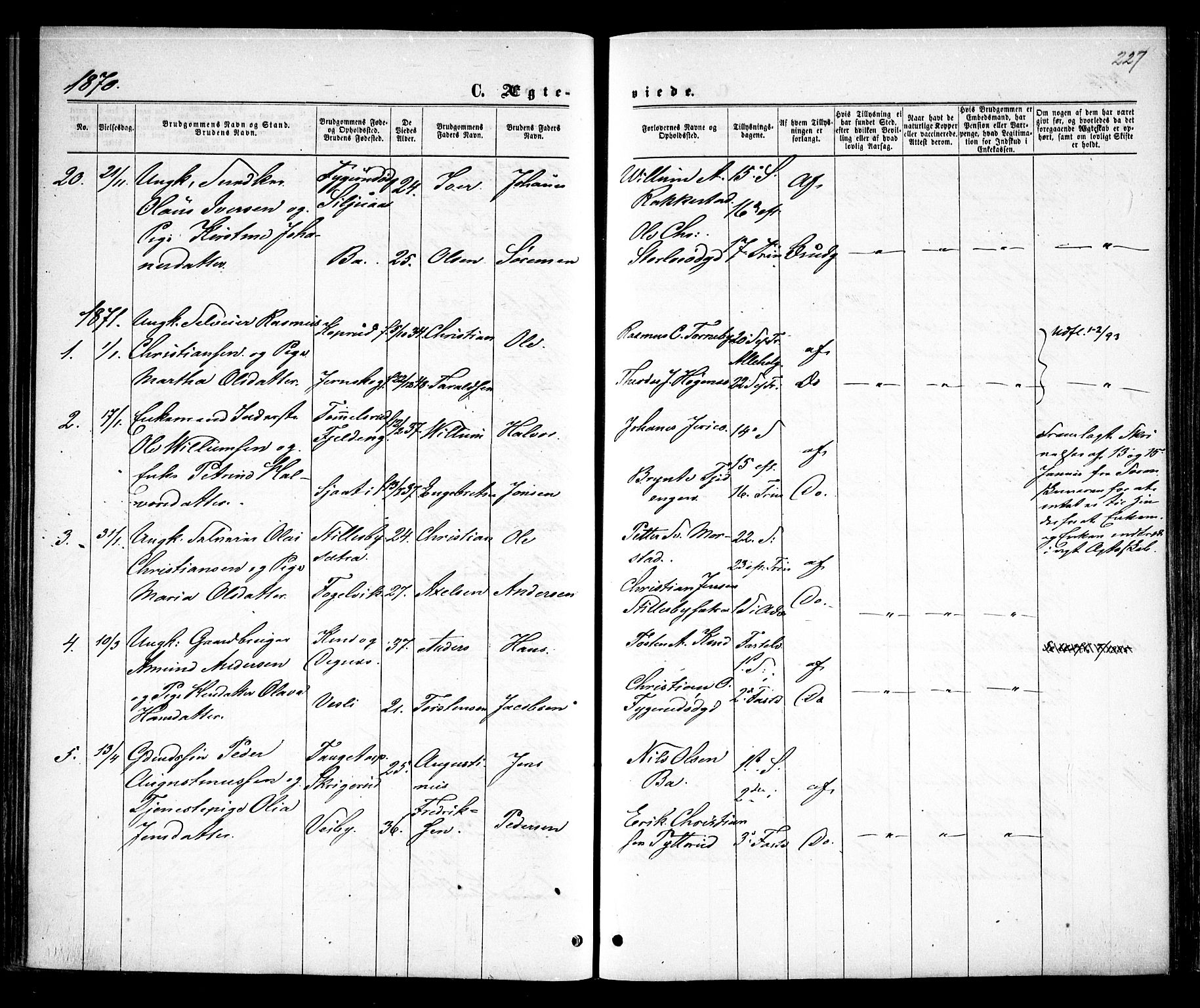 Rødenes prestekontor Kirkebøker, AV/SAO-A-2005/F/Fa/L0008: Parish register (official) no. I 8, 1869-1879, p. 227