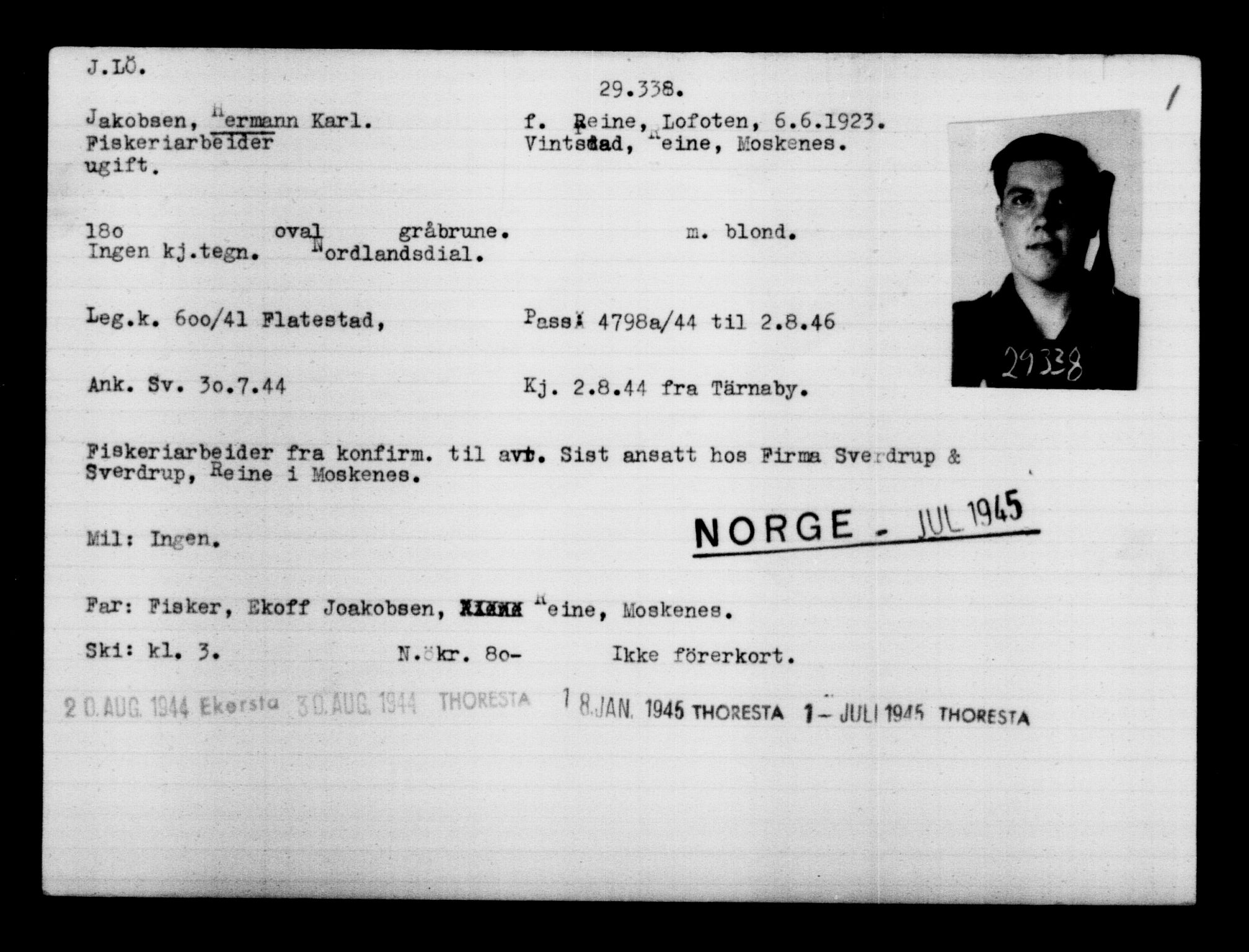Utenriksstasjonene, Legasjonen i Stockholm, Flyktningkontoret, AV/RA-S-6753/V/Va/L0012: Kjesäterkartoteket, flyktninger med registreringsnr. 28300-31566, 1940-1945, p. 1139