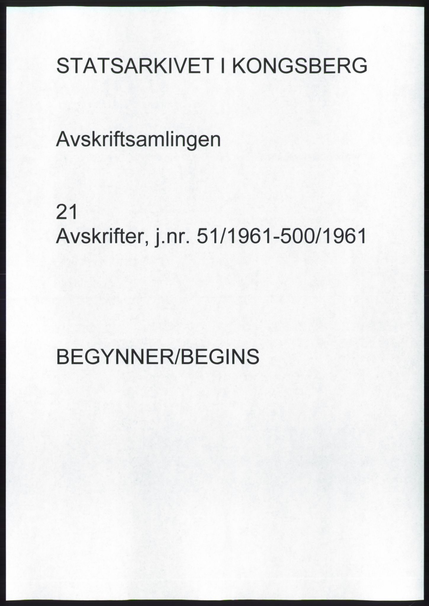 Statsarkivet i Kongsberg, AV/SAKO-A-0001, 1961, p. 1