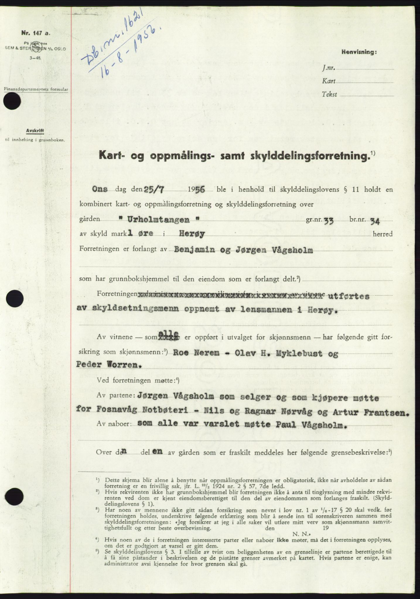 Søre Sunnmøre sorenskriveri, AV/SAT-A-4122/1/2/2C/L0104: Mortgage book no. 30A, 1956-1956, Diary no: : 1621/1956