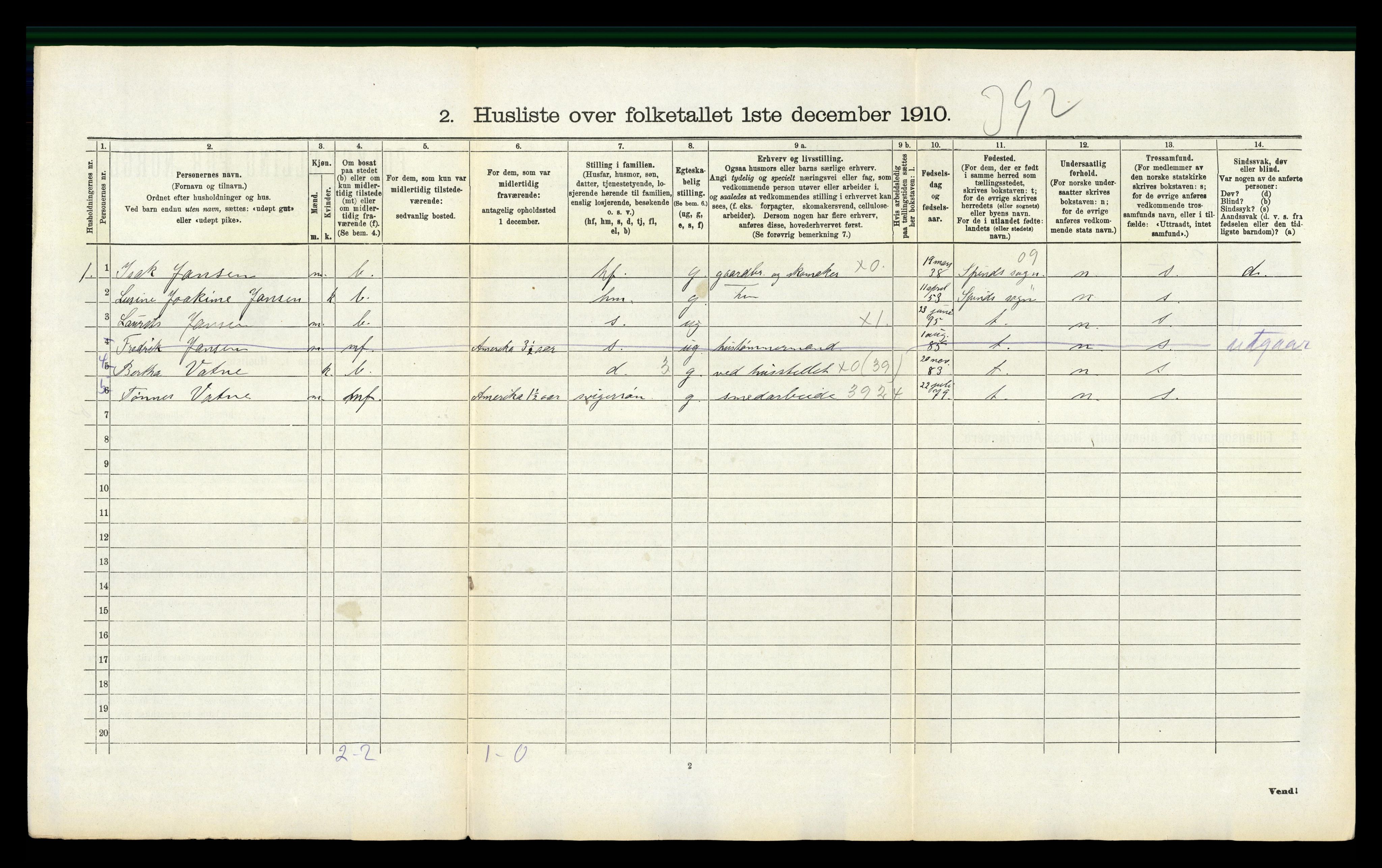 RA, 1910 census for Vanse, 1910, p. 280