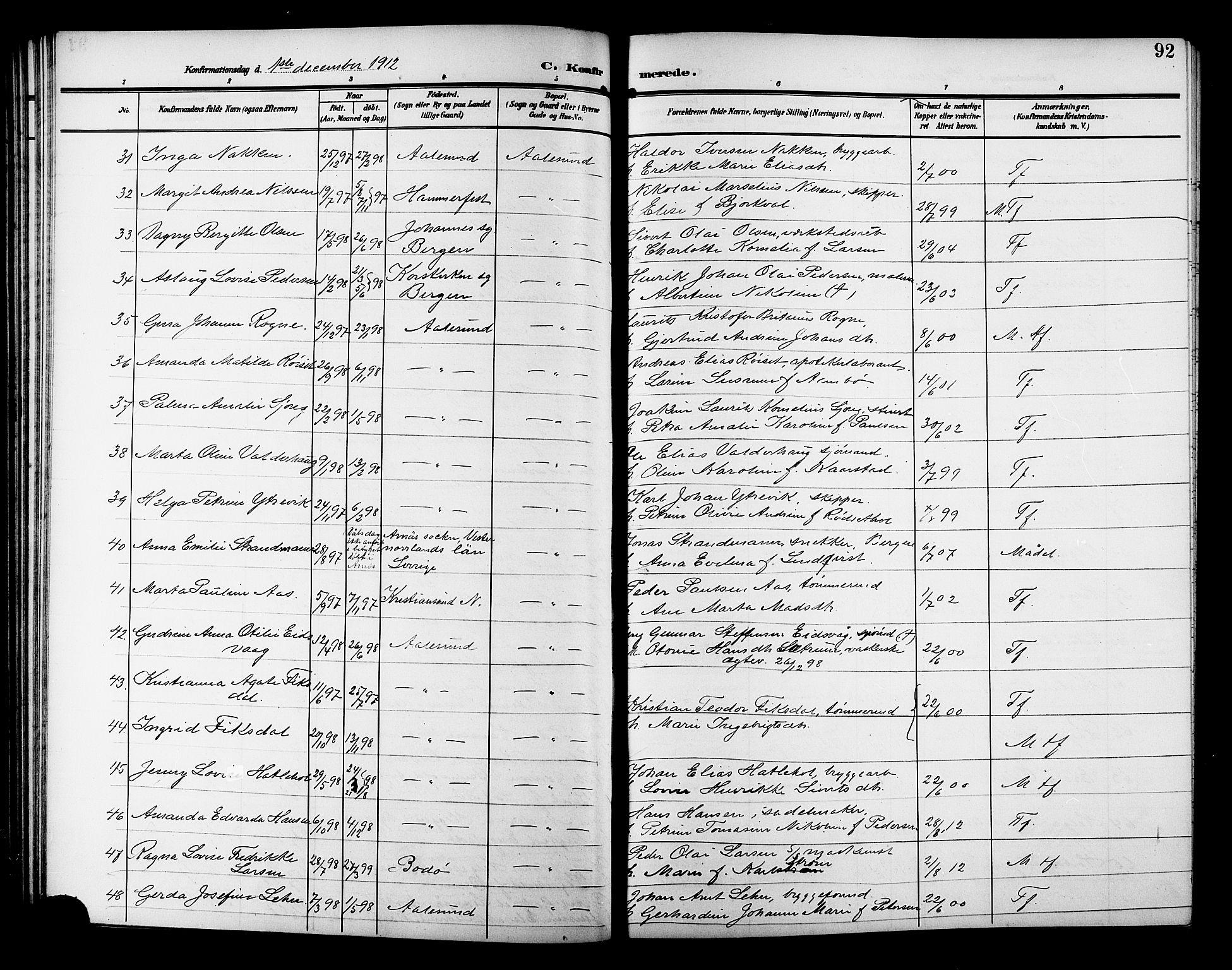 Ministerialprotokoller, klokkerbøker og fødselsregistre - Møre og Romsdal, SAT/A-1454/529/L0470: Parish register (copy) no. 529C07, 1907-1917, p. 92
