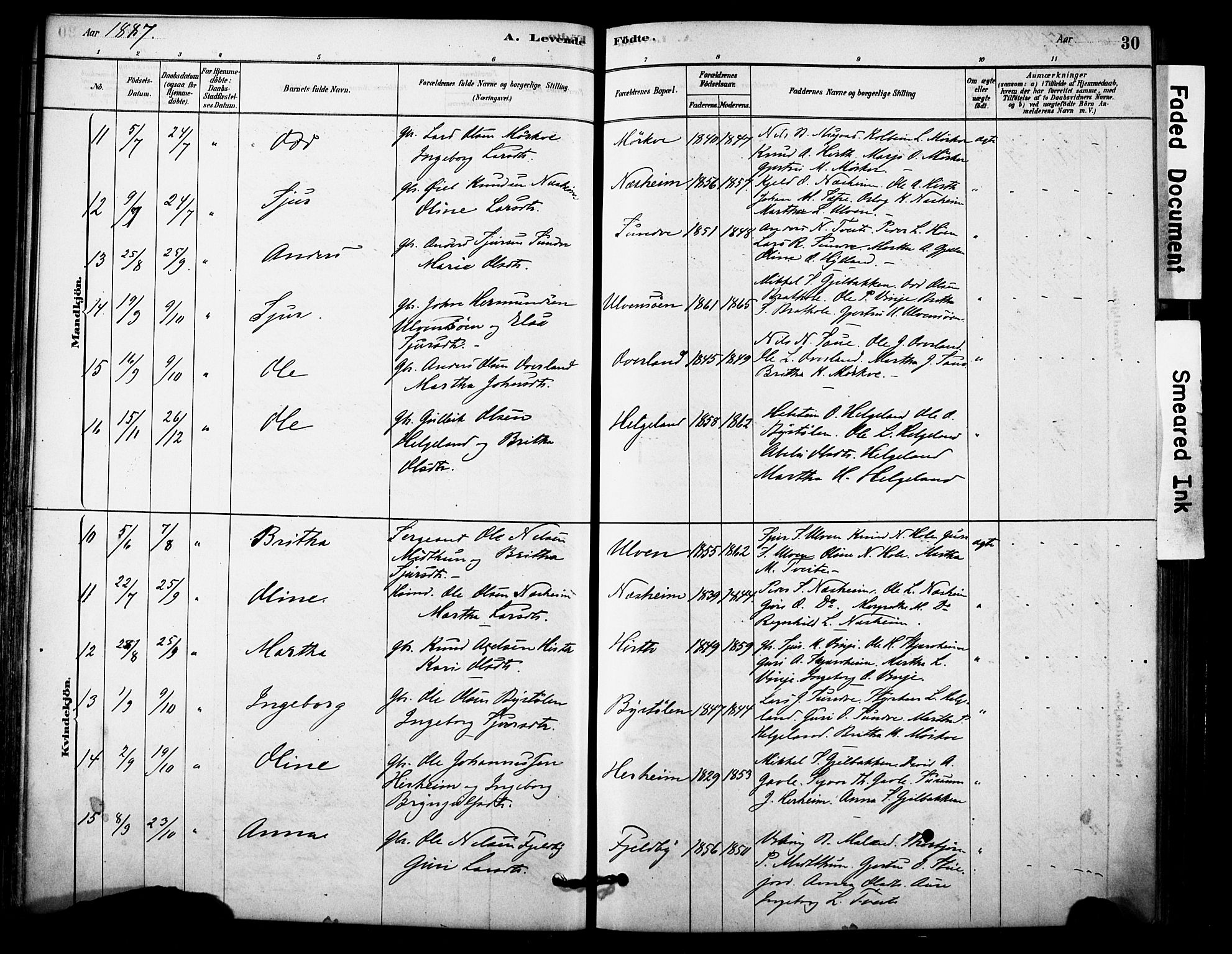 Vossestrand Sokneprestembete, AV/SAB-A-79101/H/Haa: Parish register (official) no. C 1, 1878-1903, p. 30