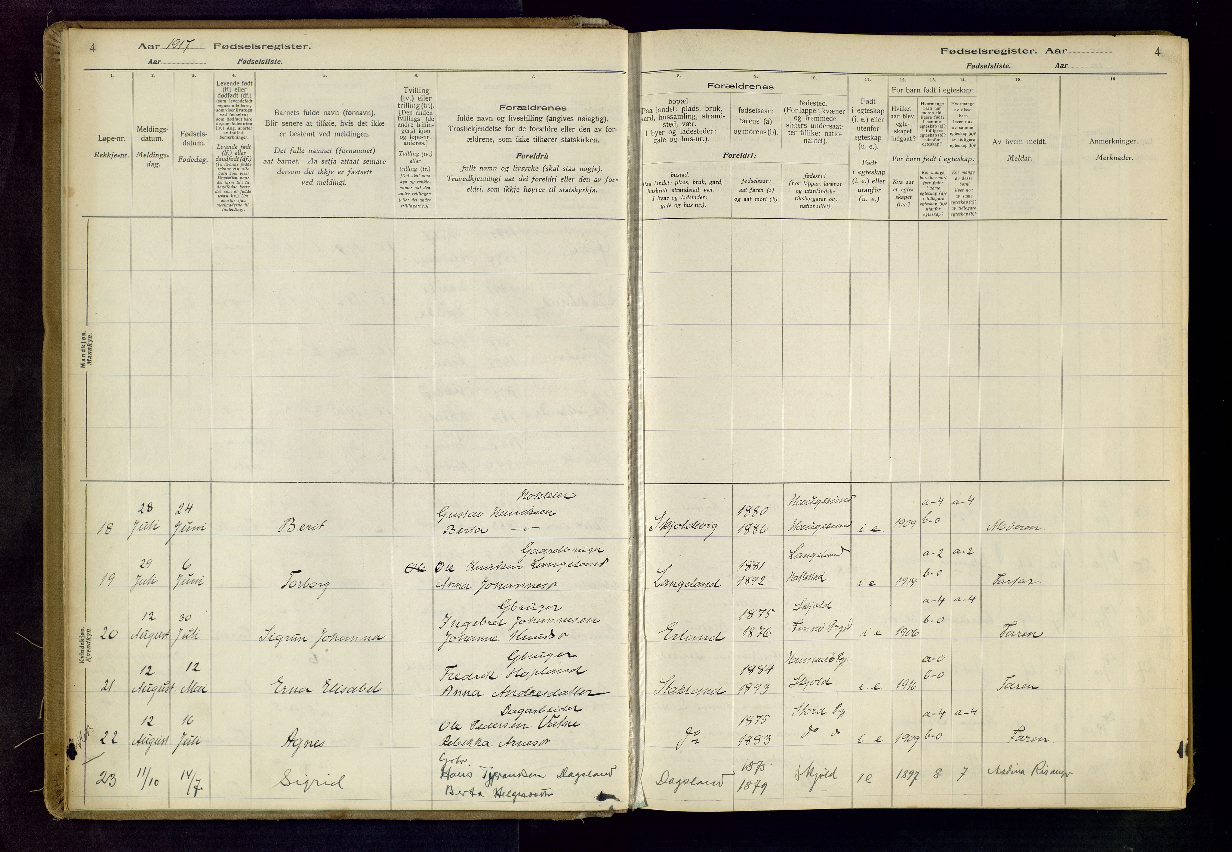 Skjold sokneprestkontor, AV/SAST-A-101847/I/Id/L0001: Birth register no. 1, 1917-1951, p. 4