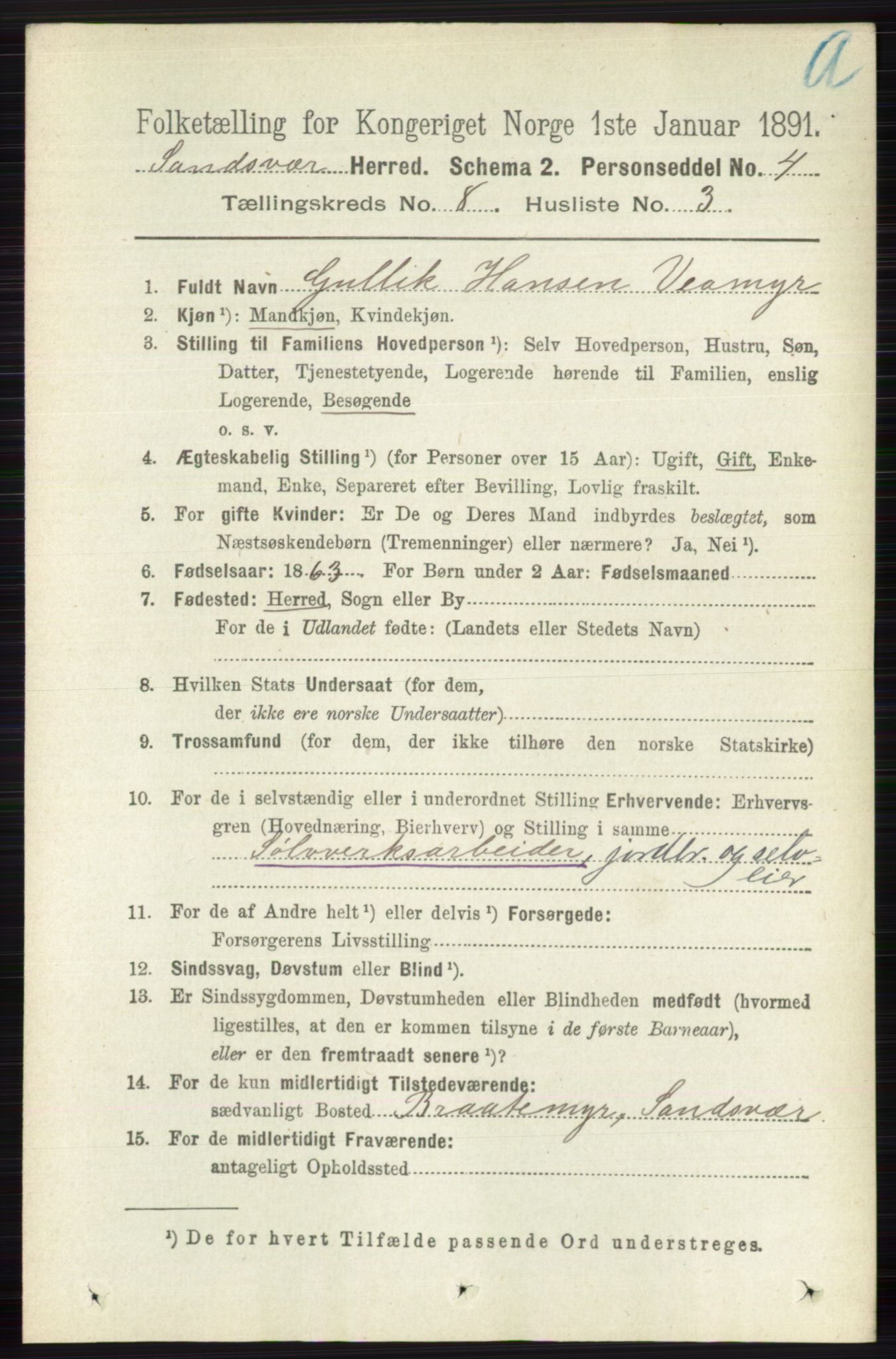 RA, 1891 census for 0629 Sandsvær, 1891, p. 4302