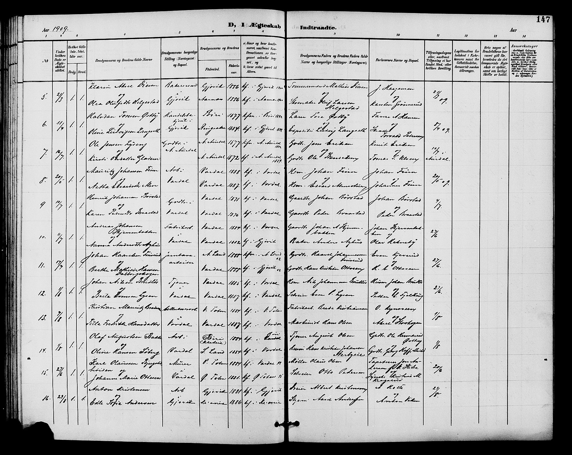 Vardal prestekontor, SAH/PREST-100/H/Ha/Hab/L0011: Parish register (copy) no. 11, 1899-1913, p. 147