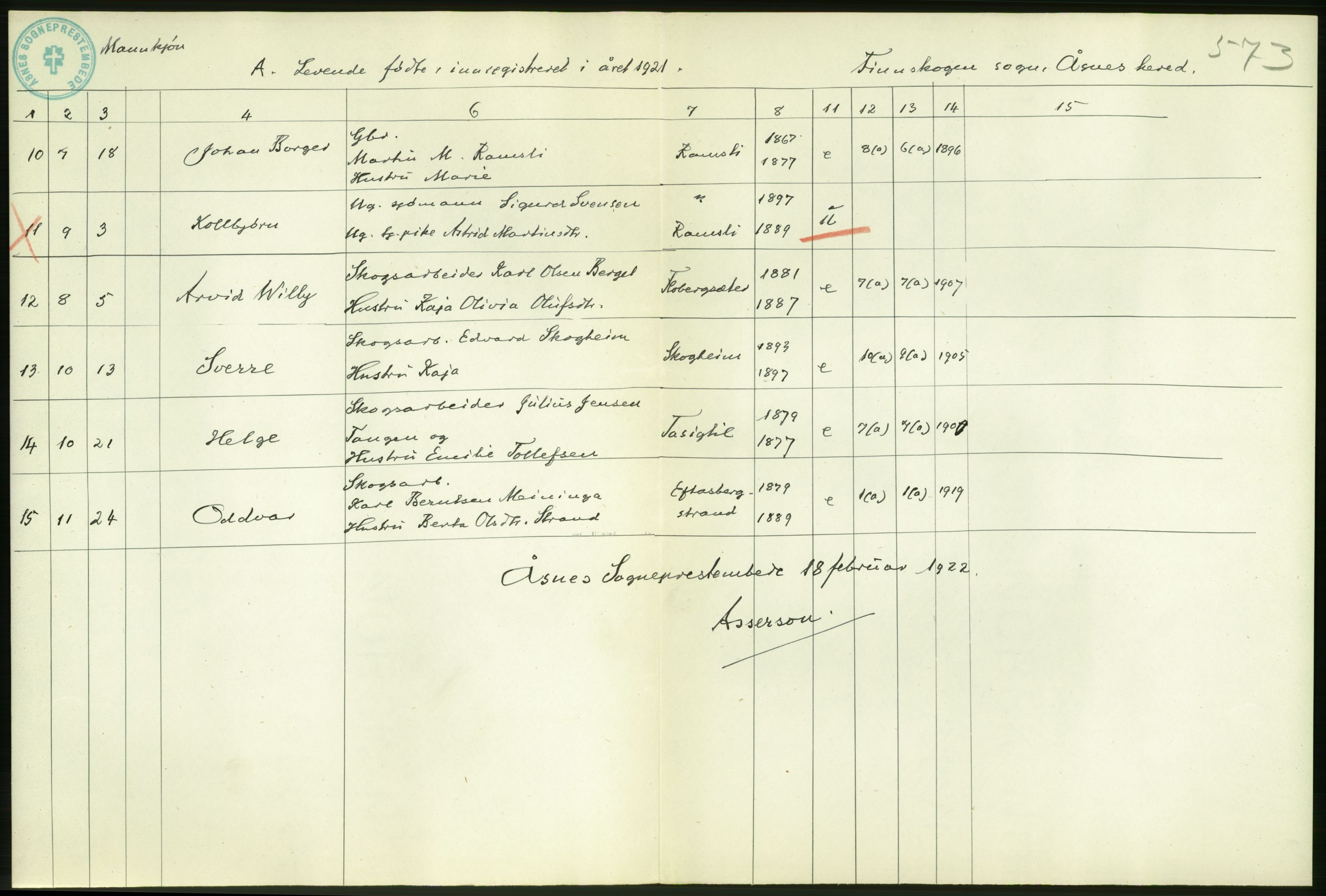 Statistisk sentralbyrå, Sosiodemografiske emner, Befolkning, AV/RA-S-2228/D/Df/Dfc/Dfca/L0014: Hedemark fylke: Levendefødte menn og kvinner. Bygder., 1921, p. 22