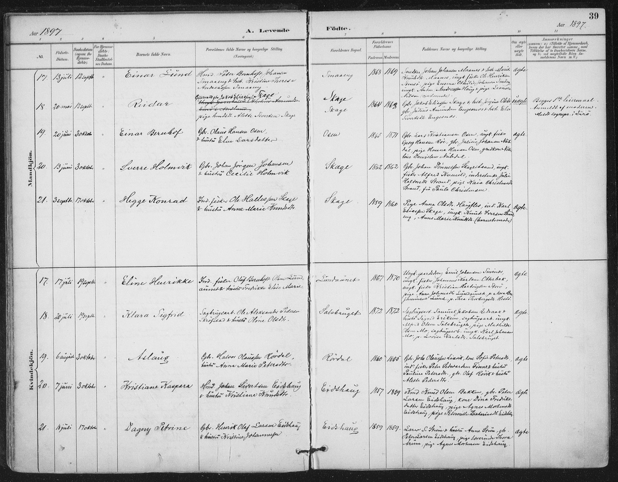 Ministerialprotokoller, klokkerbøker og fødselsregistre - Nord-Trøndelag, AV/SAT-A-1458/780/L0644: Parish register (official) no. 780A08, 1886-1903, p. 39