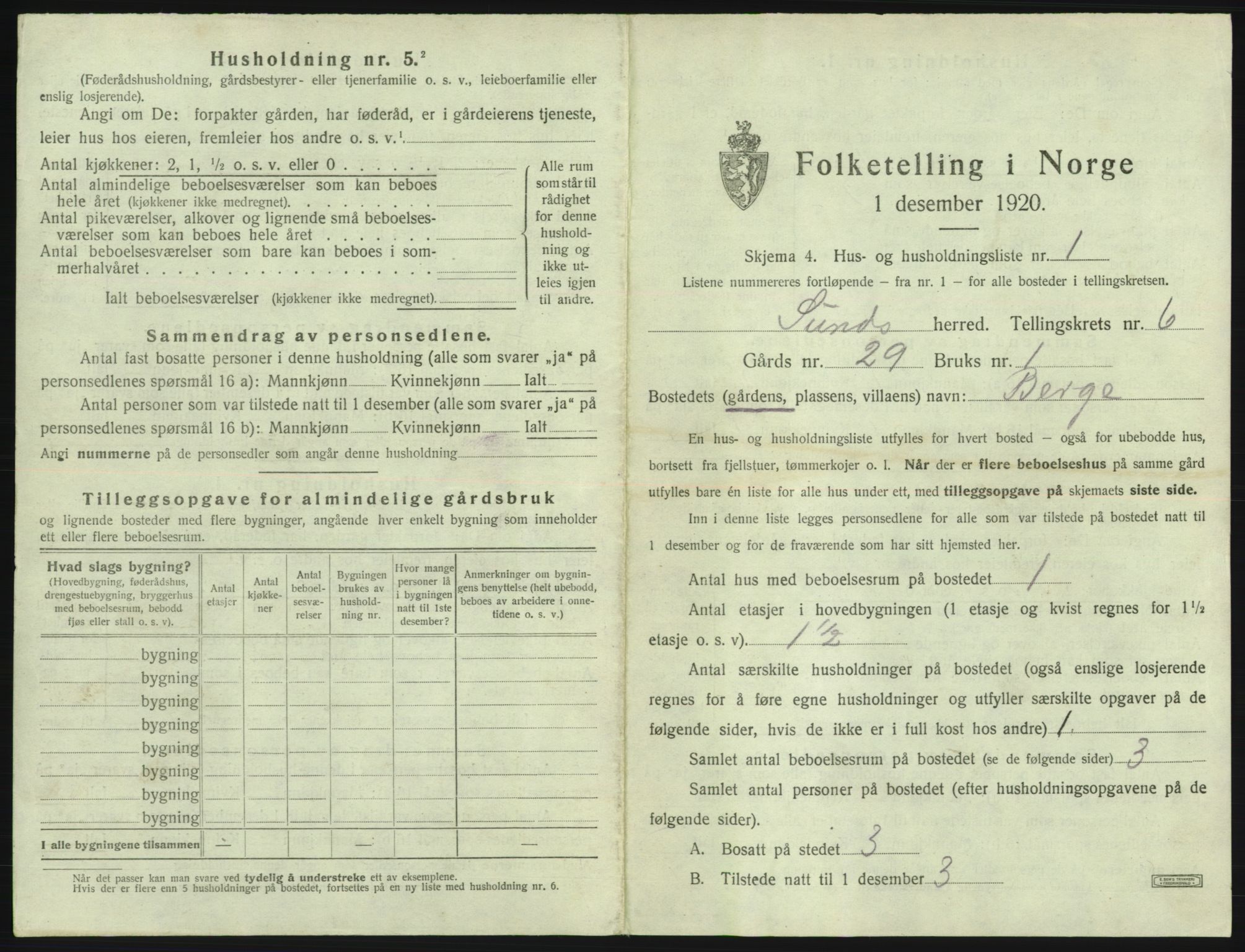 SAB, 1920 census for Sund, 1920, p. 505