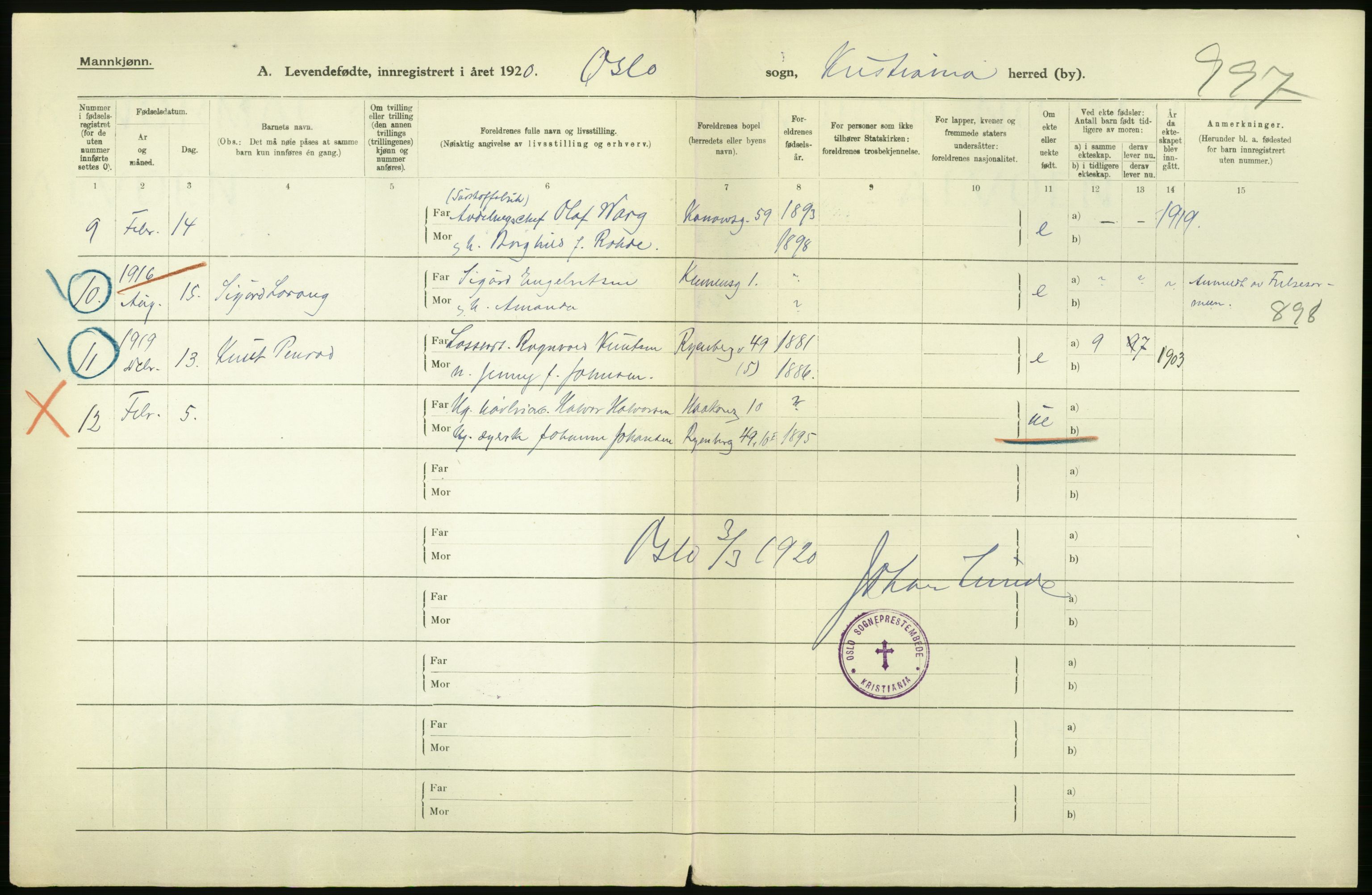 Statistisk sentralbyrå, Sosiodemografiske emner, Befolkning, AV/RA-S-2228/D/Df/Dfb/Dfbj/L0008: Kristiania: Levendefødte menn og kvinner., 1920, p. 4