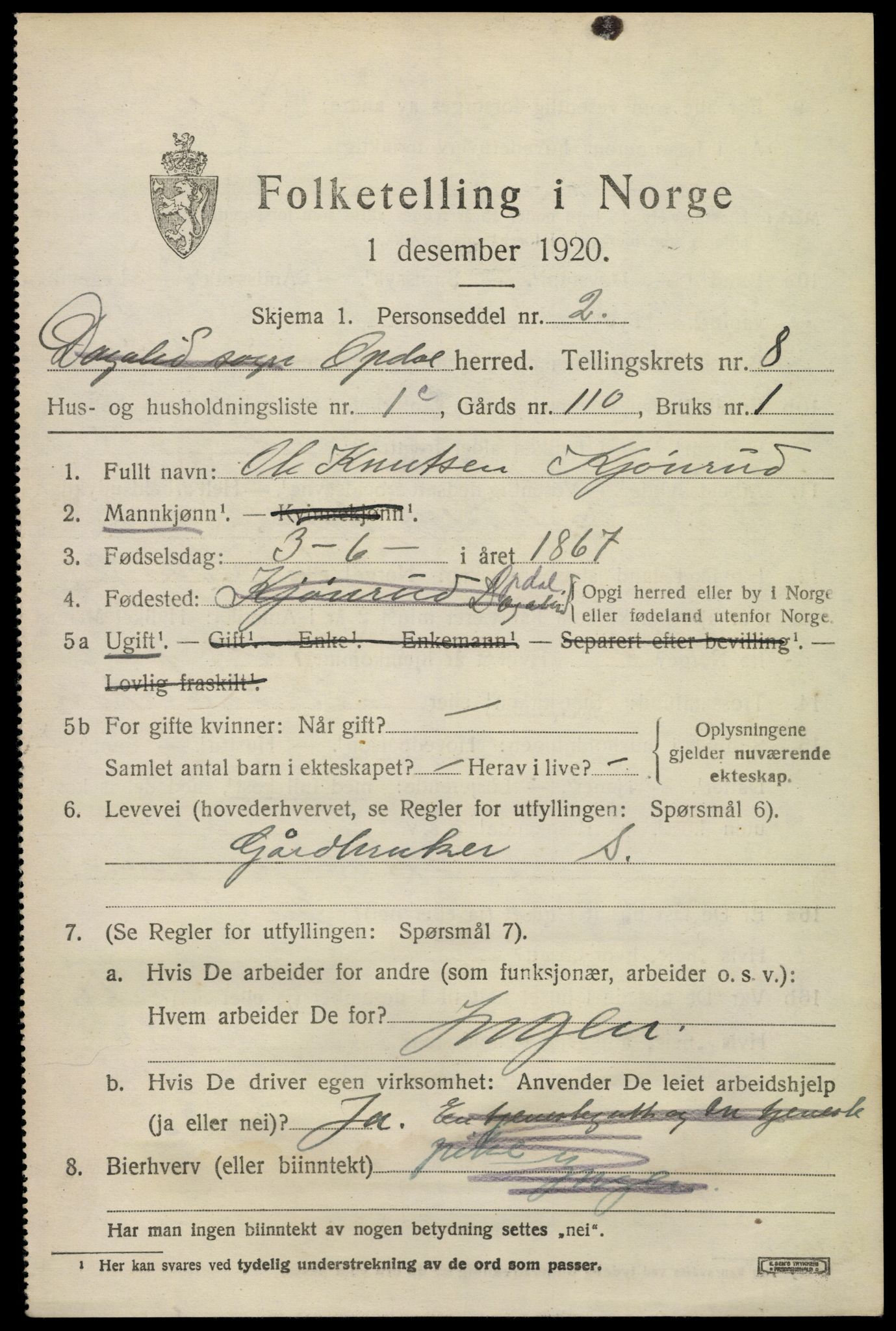 SAKO, 1920 census for Uvdal, 1920, p. 3077